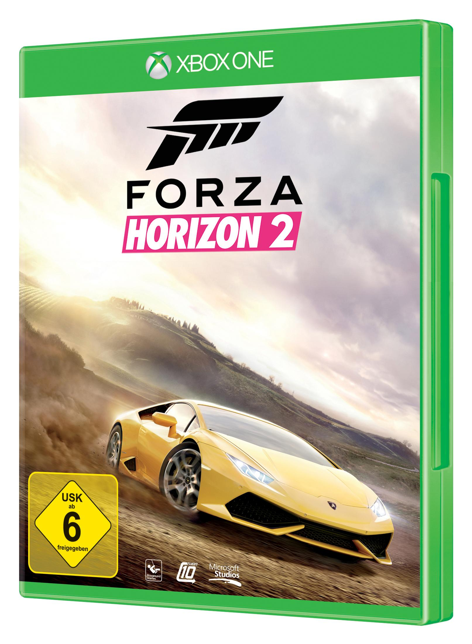 Forza Horizon 2 Xbox One-Spielcover. Ein gelber Sportwagen rast auf einer unbefestigten Straße in einer sonnigen Landschaft.