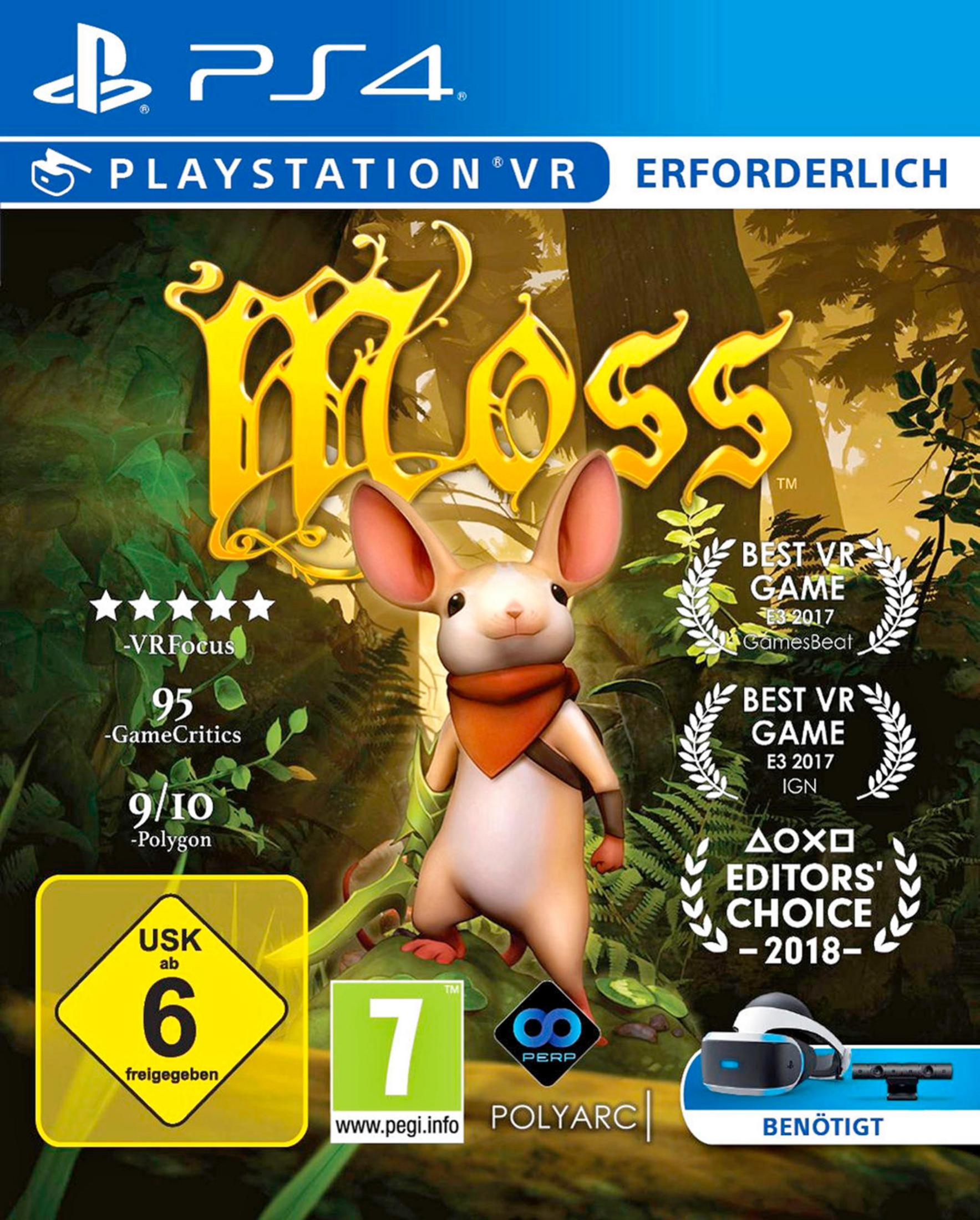 Moss-Spielcover mit einer süßen Mausfigur in einem Wald, umgeben von Auszeichnungslogos und Spielinformationen.