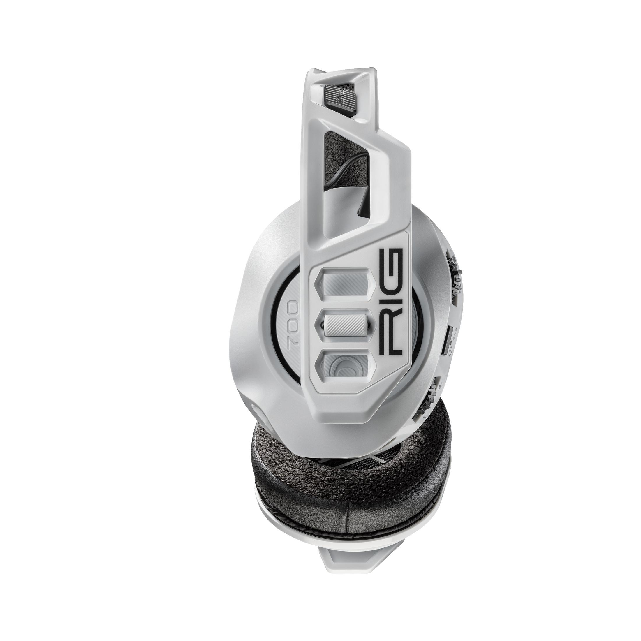 Silbernes und schwarzes Gaming-Headset mit gepolsterten Ohrmuscheln und verstellbarem Kopfbügel.
