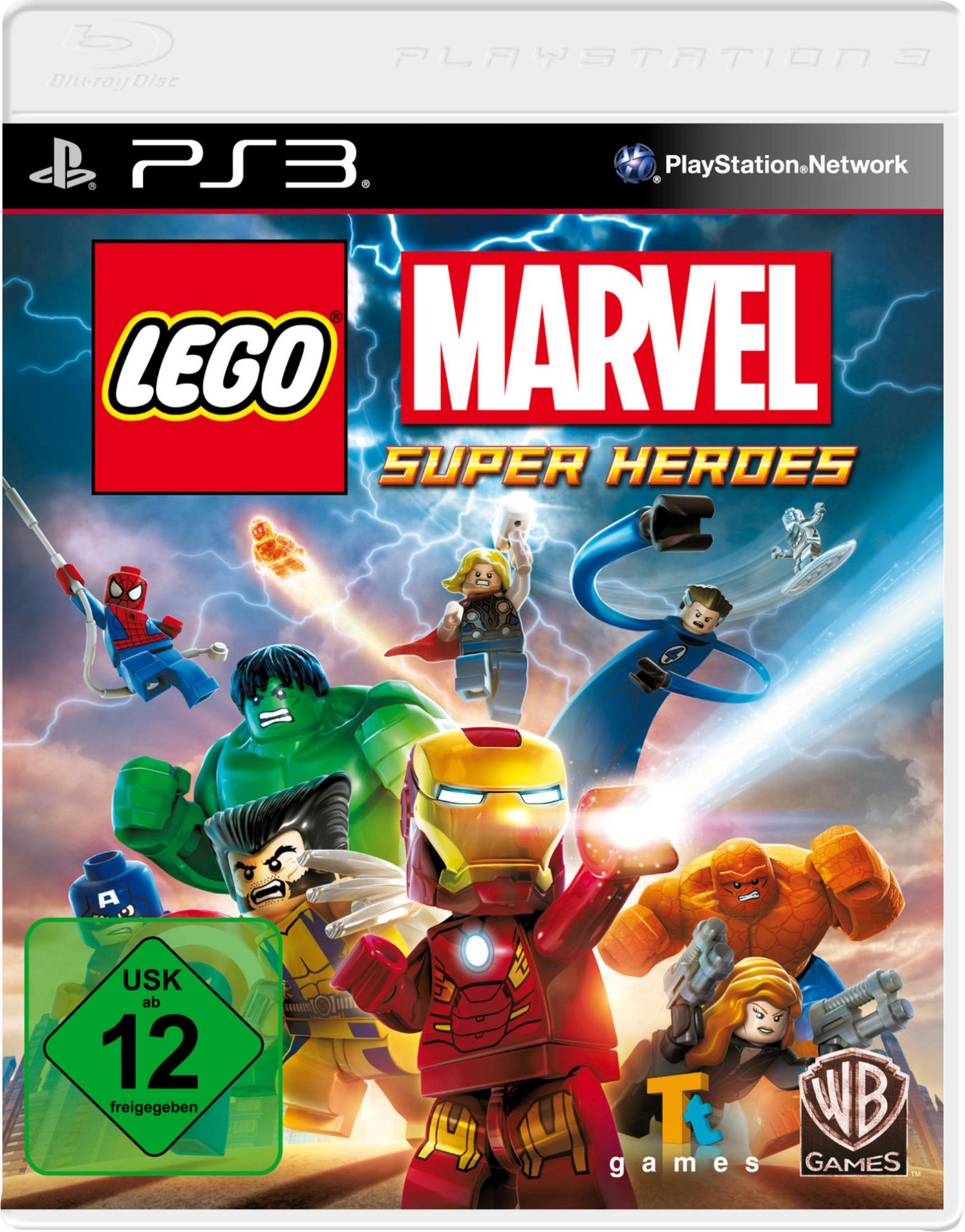 LEGO Marvel Super Heroes-Spielcover für PlayStation 3 mit LEGO-Versionen von Marvel-Charakteren.