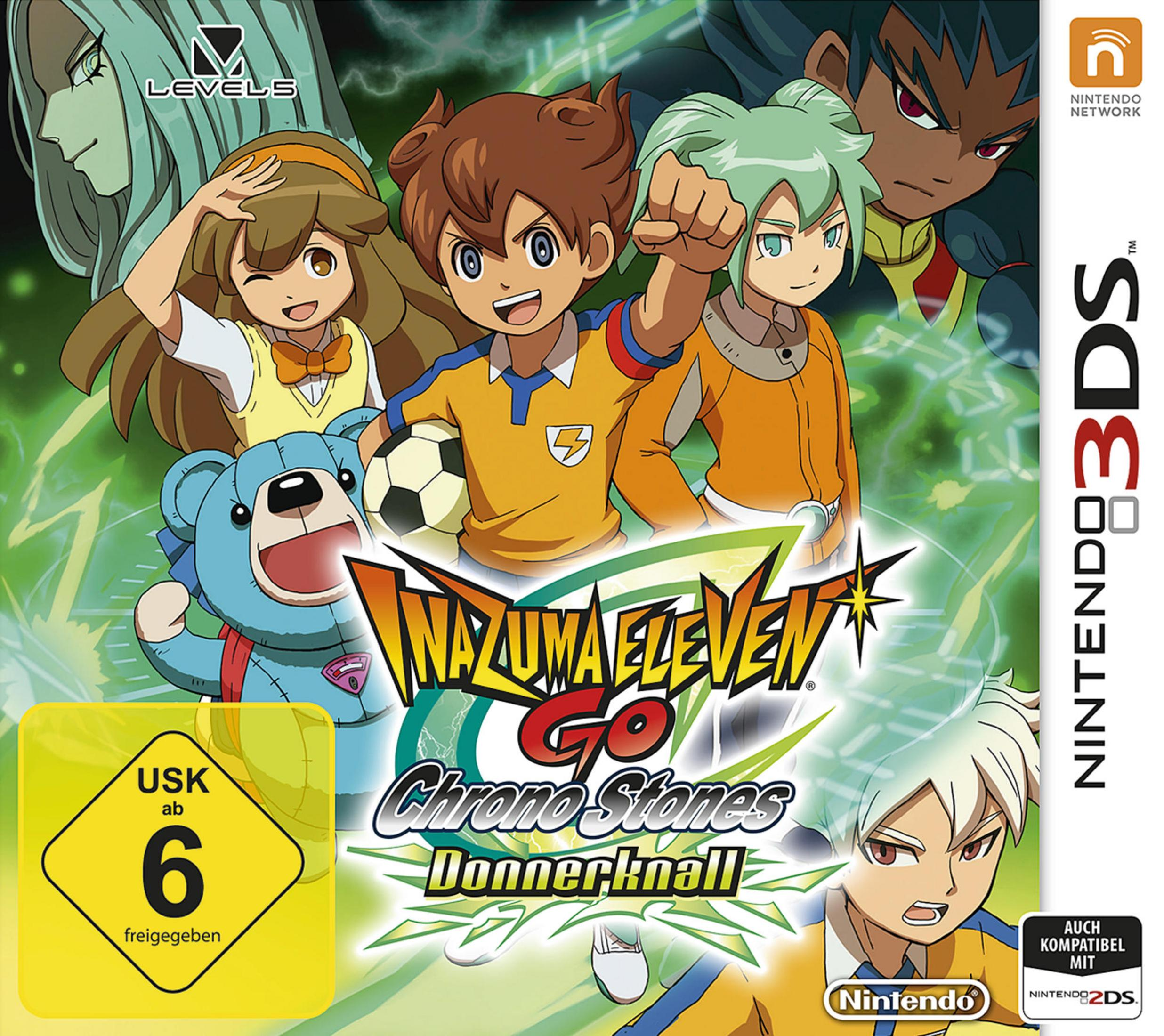 Inazuma Eleven Go Chrono Stones-Spielcover für Nintendo 3DS mit Cartoonfiguren und einem Fußball.