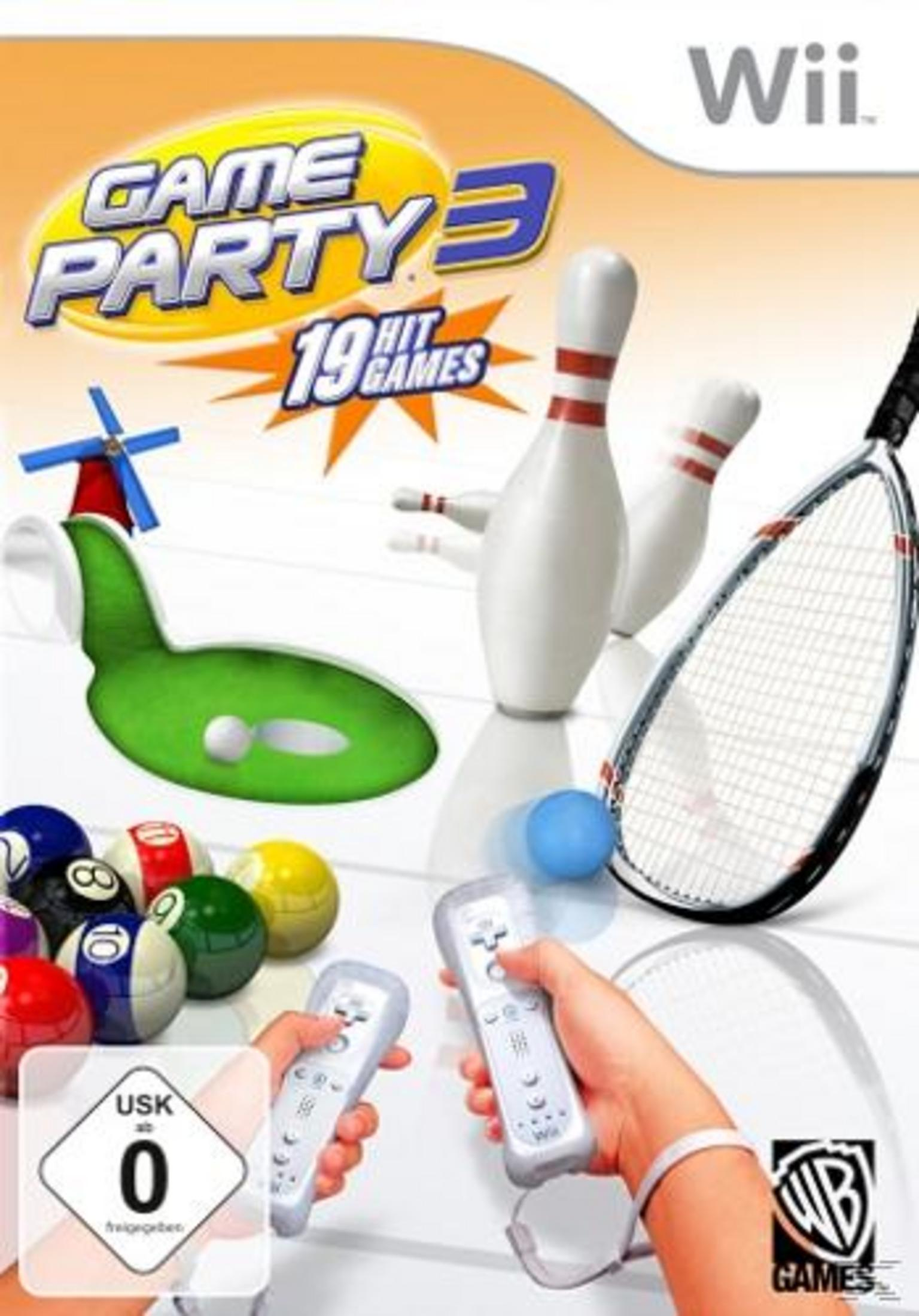 Game Party 3 für Wii-Cover mit Bowling-, Billard- und Tennisspielelementen.