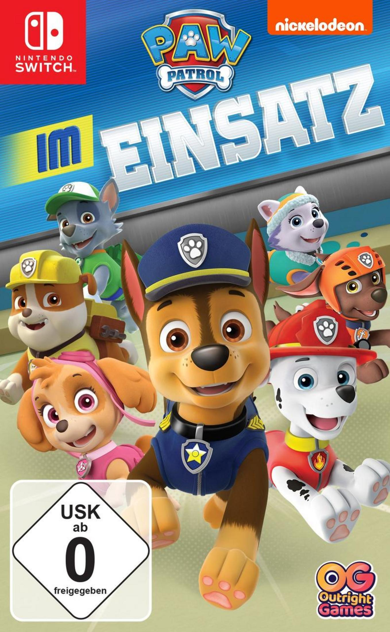 Paw Patrol im Einsatz-Spielcover für Nintendo Switch mit Zeichentrickhunden in Uniform vor blauem Hintergrund.