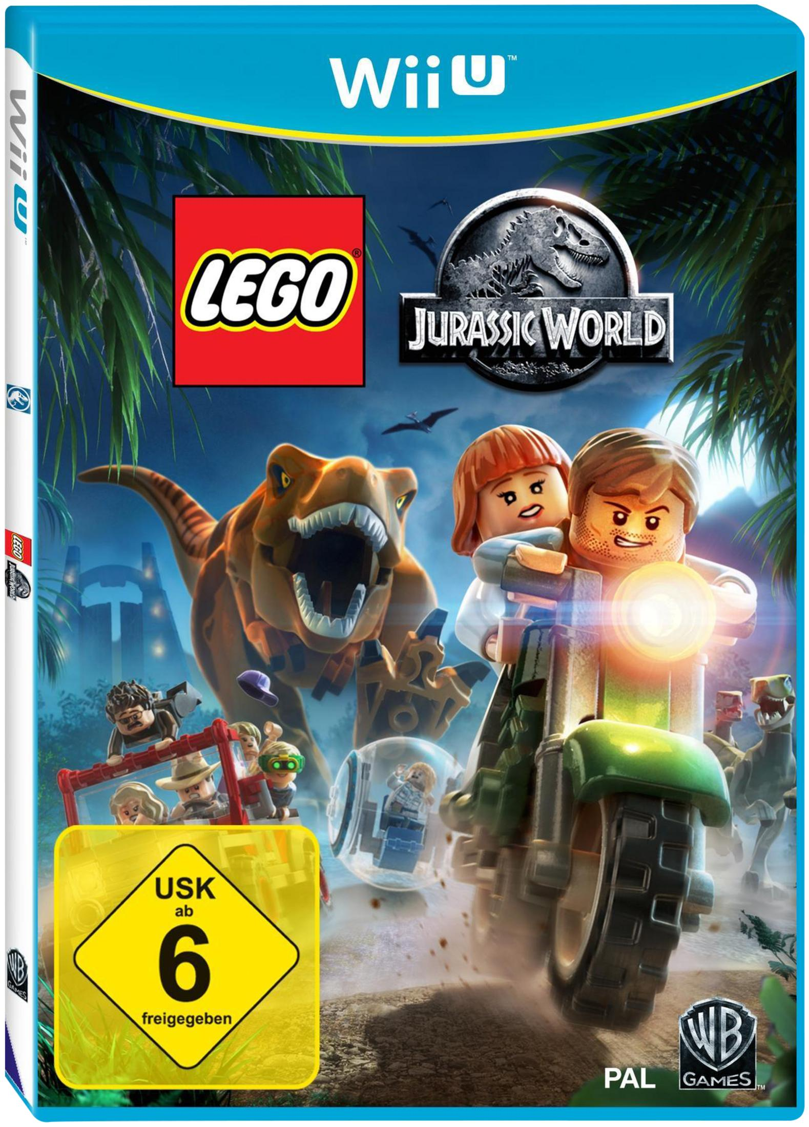 Lego Jurassic World Wii U-Spielcover mit Lego-Figuren und Dinosauriern.