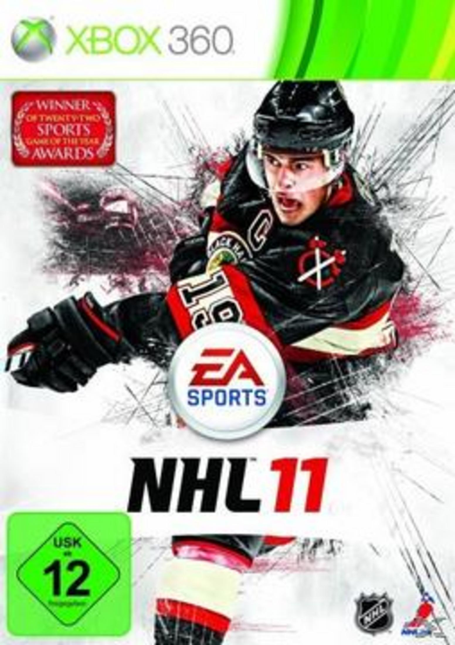 NHL 11-Spielcover für Xbox 360 mit einem Eishockeyspieler in Aktion, der eine schwarz-rote Uniform trägt.