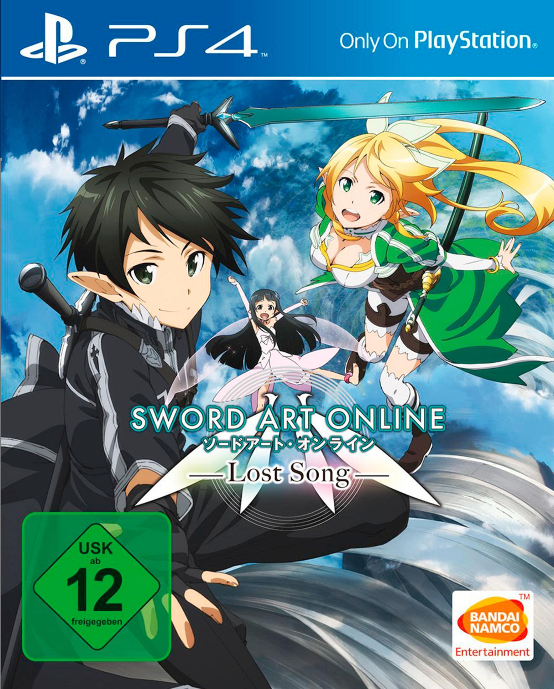 PS4-Spielcover: Sword Art Online: Lost Song mit Anime-Charakteren und blauem Himmel im Hintergrund.