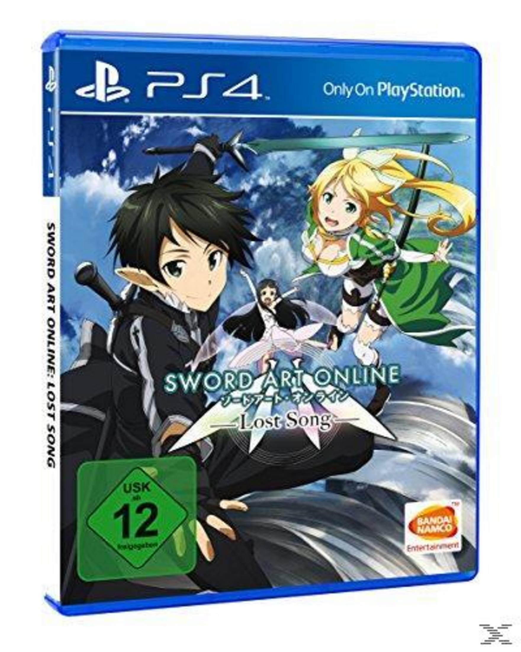 Sword Art Online: Lost Song PS4-Spielhülle mit Anime-Charakteren auf blauem, wirbelndem Hintergrund.