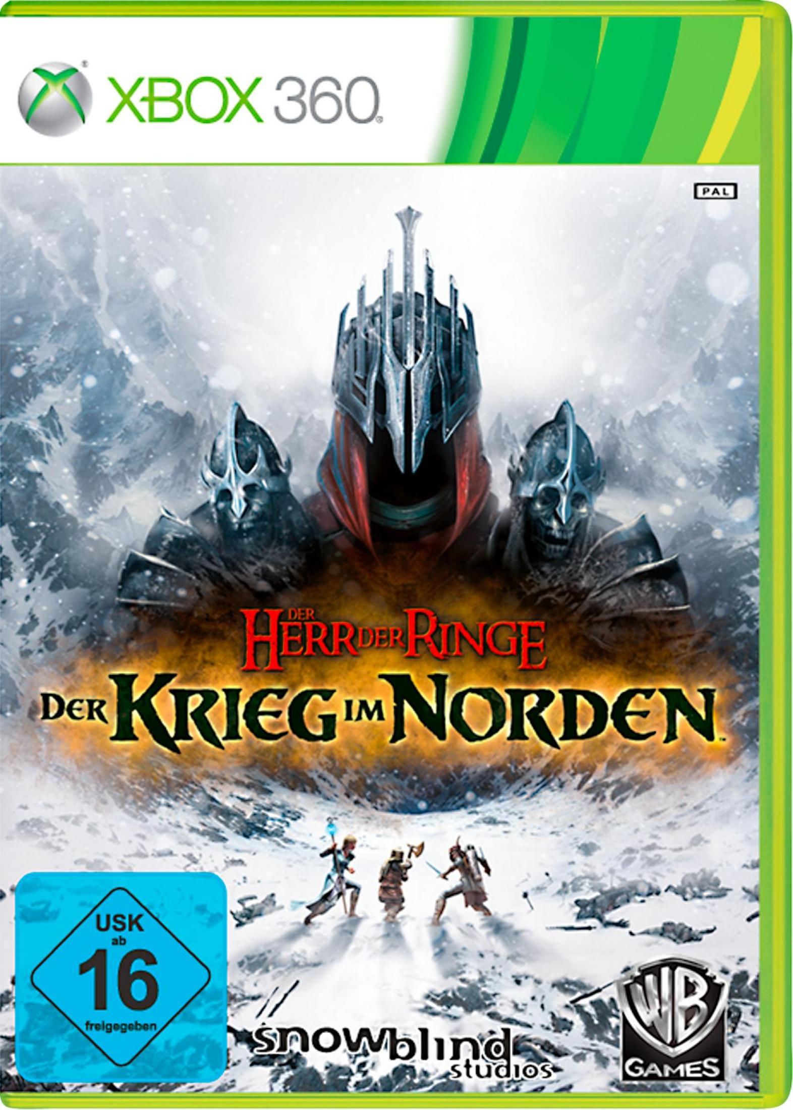 Das Cover des Xbox 360-Spiels „Der Herr der Ringe: Krieg im Norden“ zeigt gepanzerte Figuren in einer Schneelandschaft.