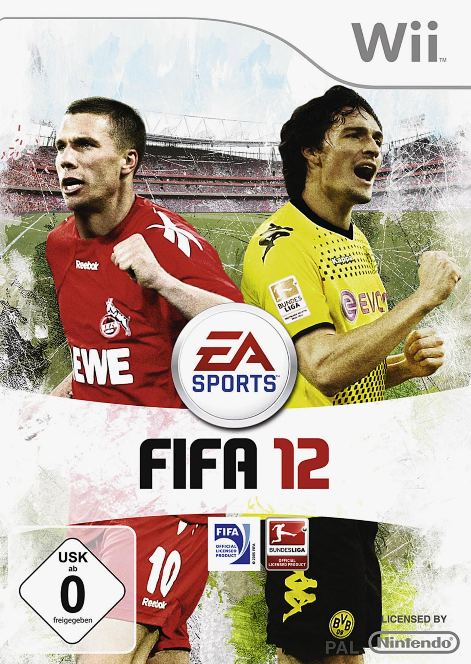 FIFA 12-Spielcover. Zwei Fußballspieler, das EA Sports-Logo und Spieldetails sind vorhanden.