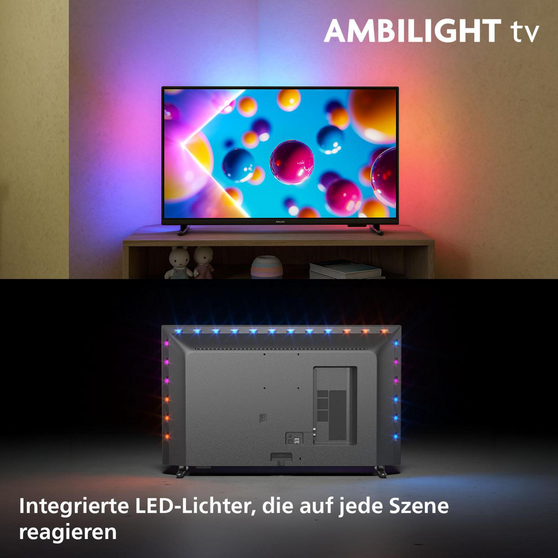 Un televisor muestra patrones coloridos. La parte posterior del televisor tiene luces LED que reaccionan a cada escena.