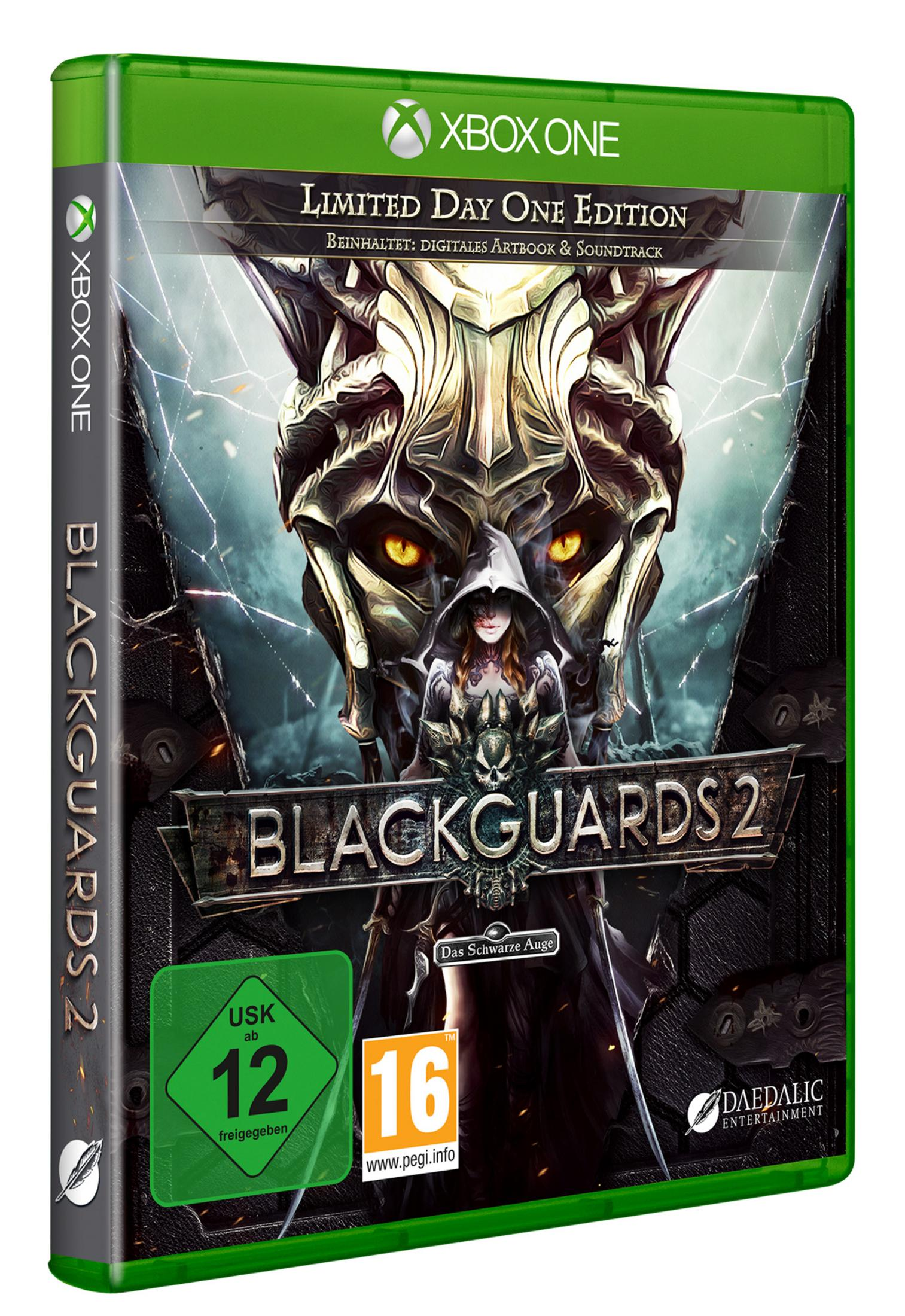 Blackguards 2-Spielcover, mit einer Frau mit Kapuze vor dunklem Hintergrund.