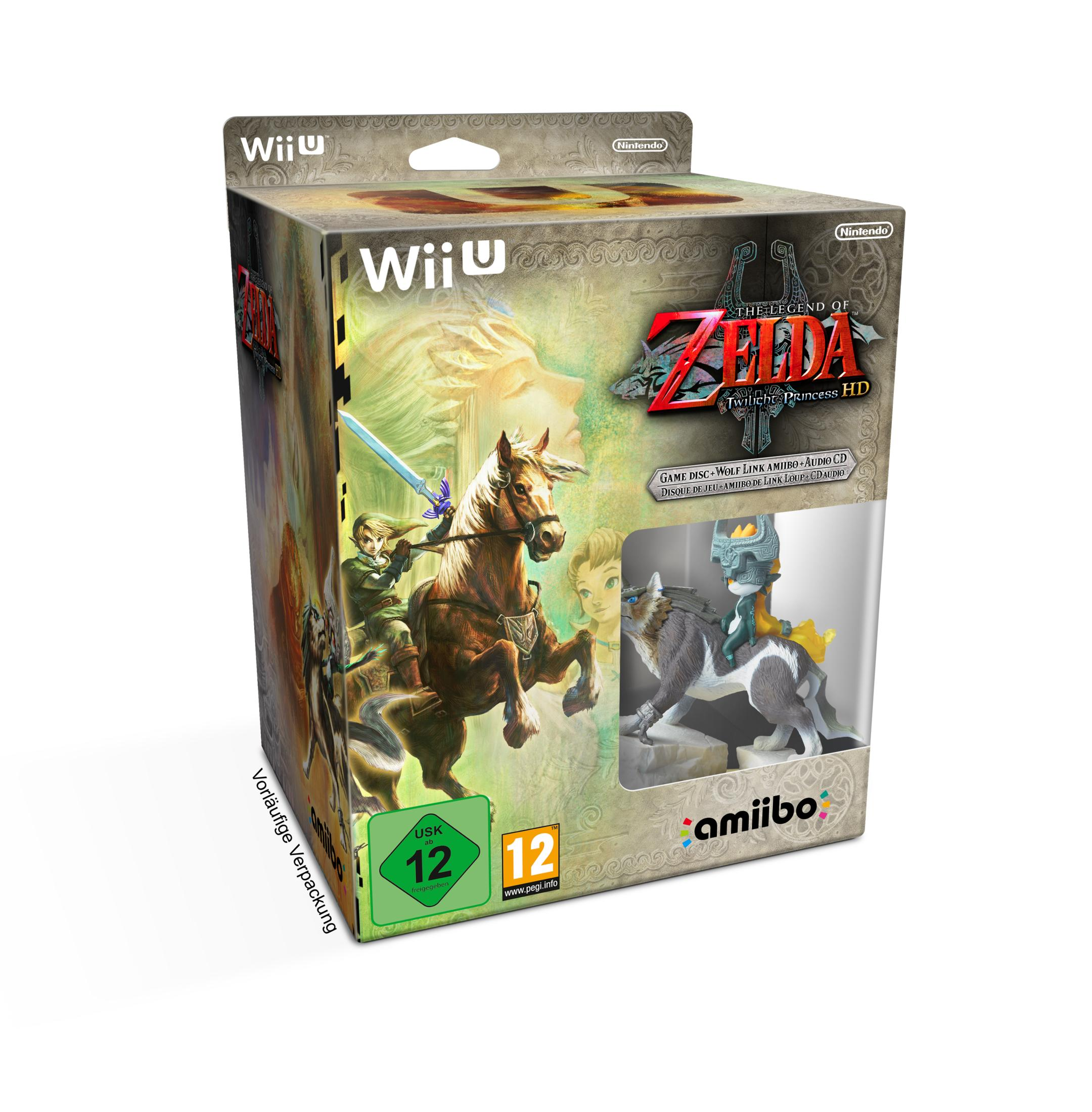 Die Videospielbox zeigt Charaktere auf einem Pferd und Wolf mit dem Titel „The Legend of Zelda“.
