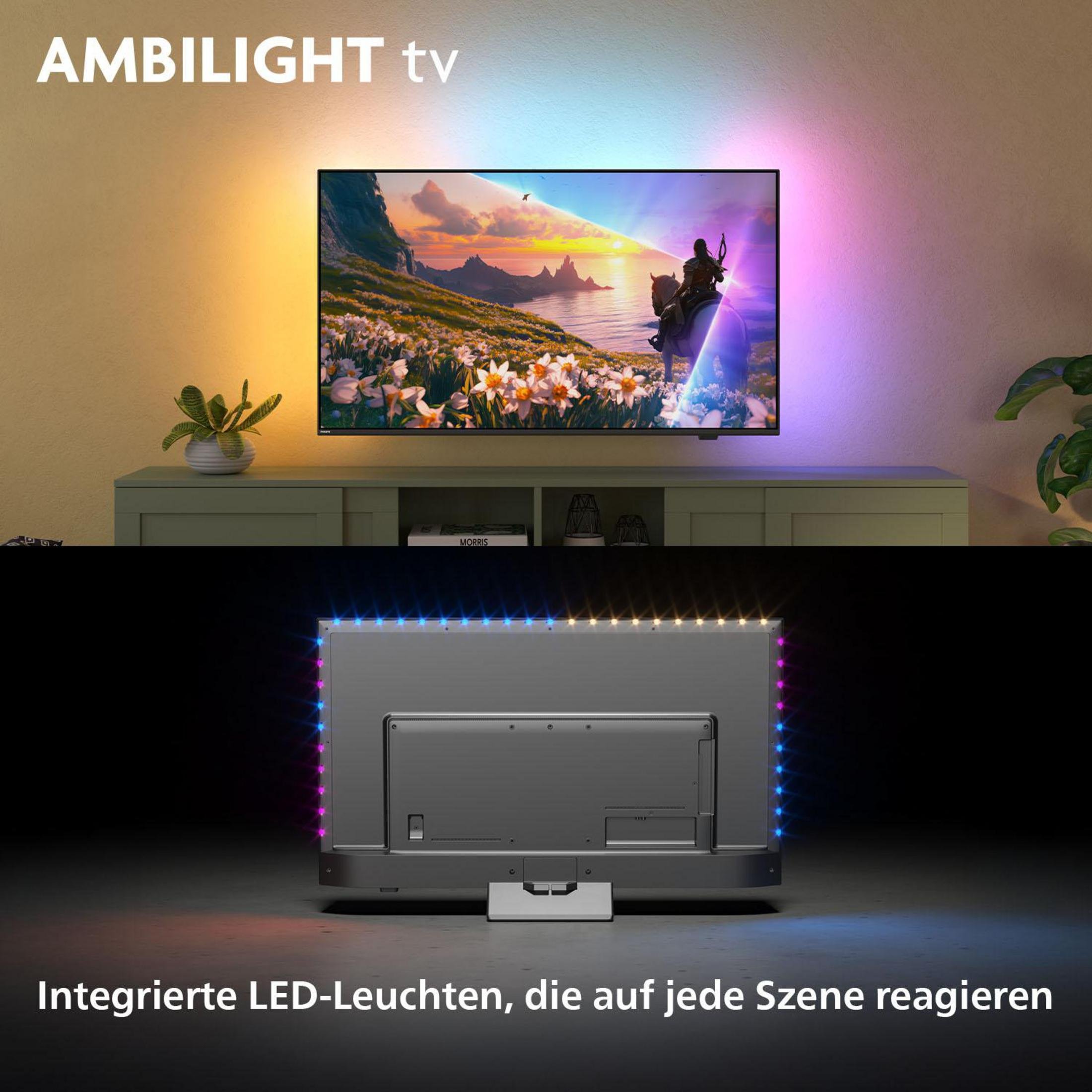 Telewizor Ambilight stoi na konsoli z oświetleniem z tyłu. Na dole wyświetlany jest tył telewizora z diodami LED.