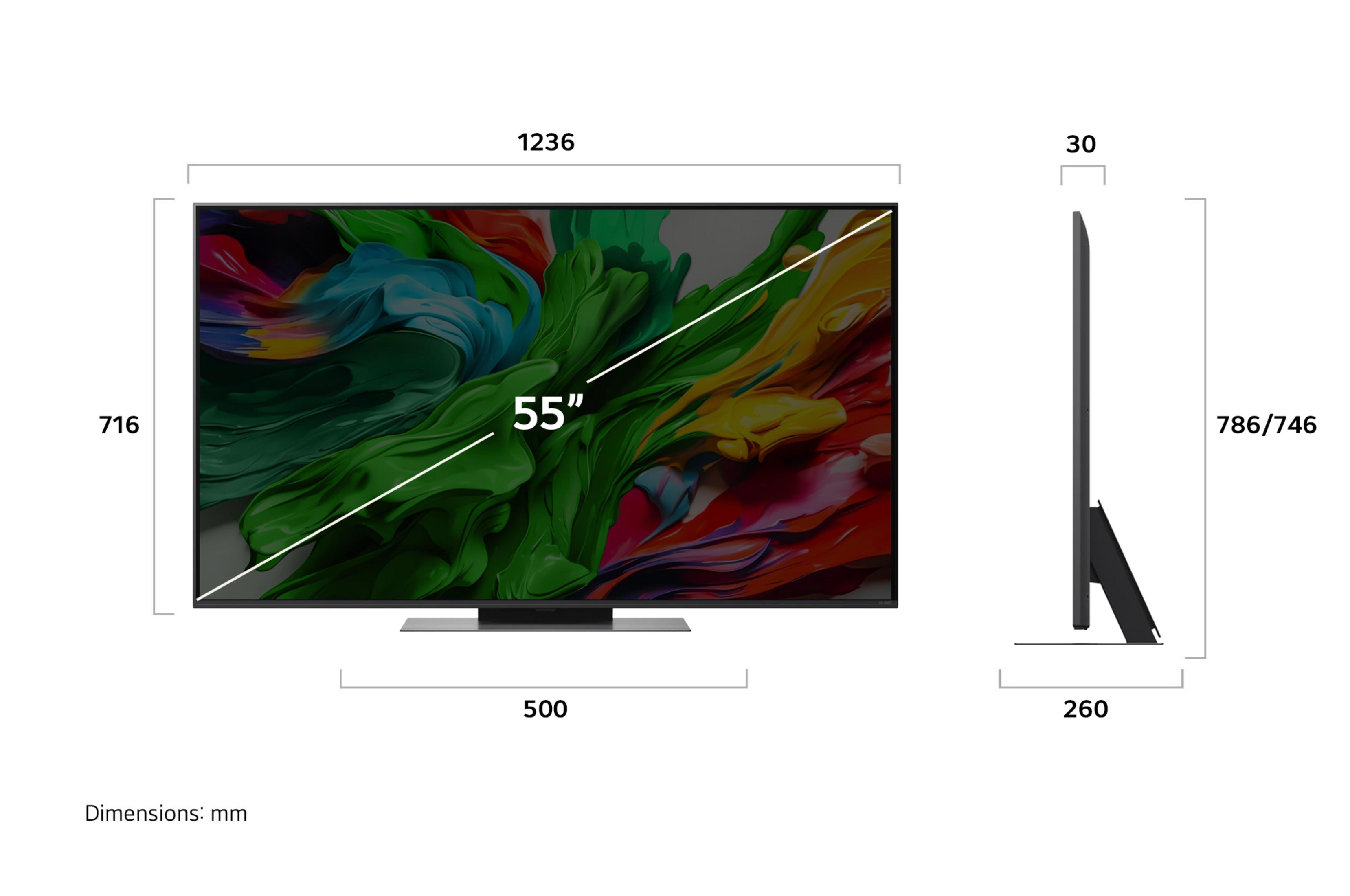 Ein TV-Abmessungsdiagramm zeigt die Maße eines 55-Zoll-Fernsehers, einschließlich Höhe, Breite und Tiefe.