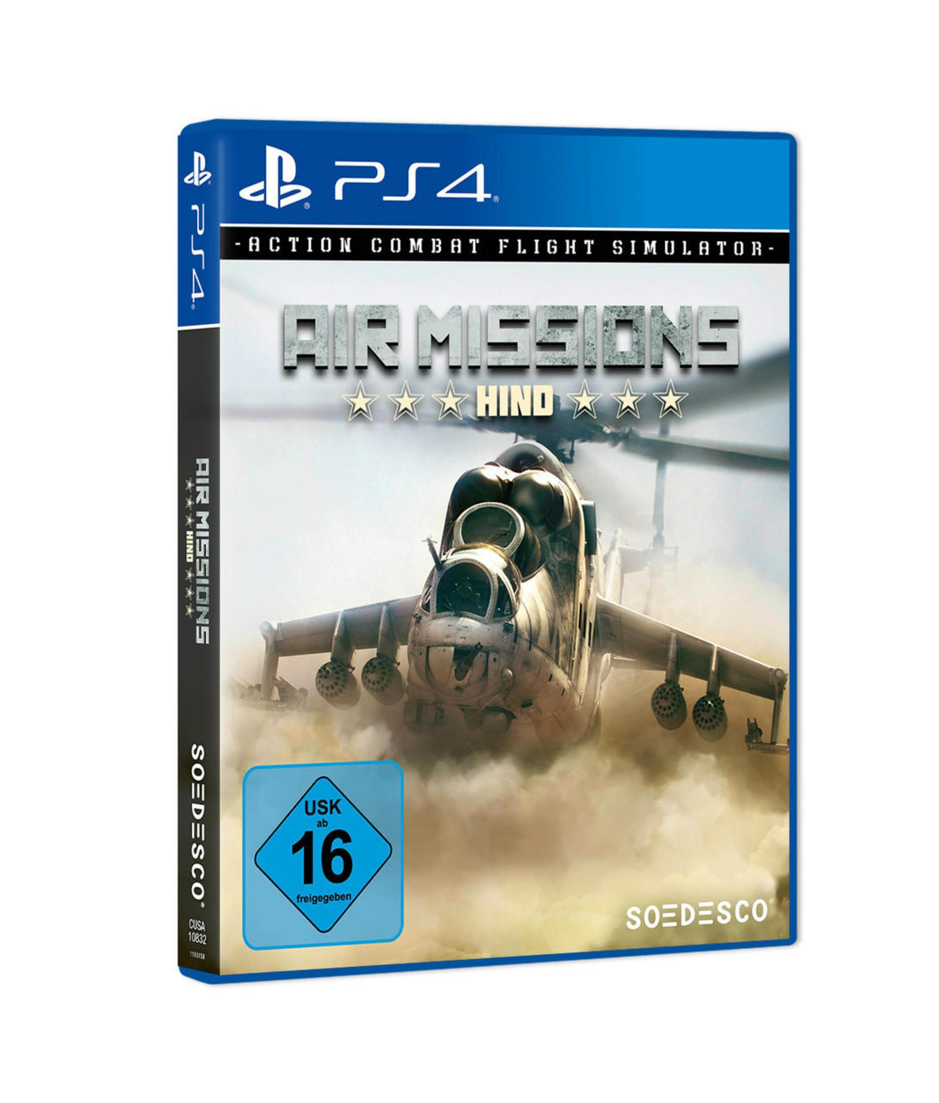 PS4-Spielcover „Air Missions: HIND“ mit einem Militärhubschrauber in einer Wüstenlandschaft.