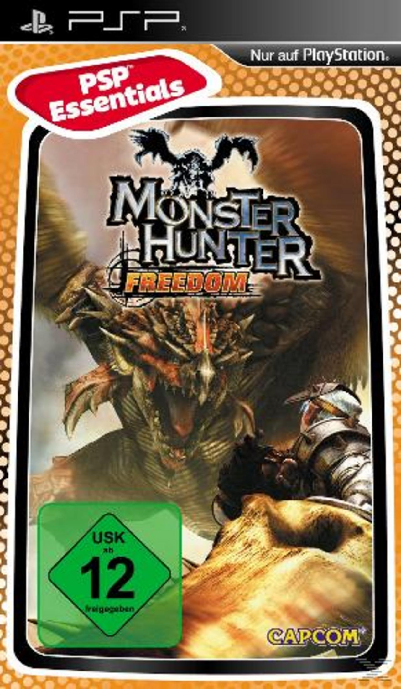 Videospiel-Cover für Monster Hunter Freedom auf PSP, mit einem Drachen und einem Jäger in Aktion.