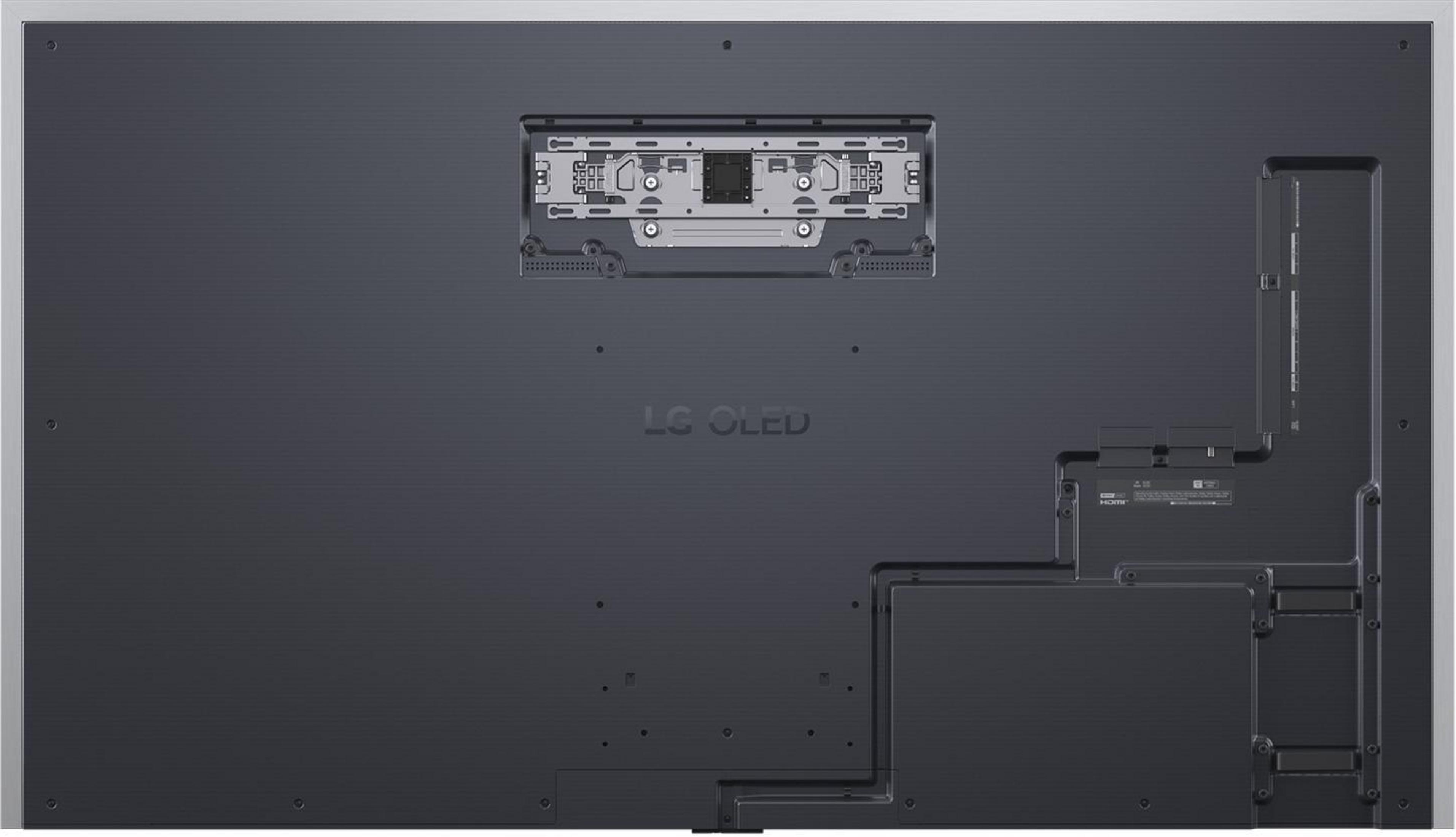 Rückwand eines LG OLED-Fernsehers, mit Halterungen, Anschlüssen und verschiedenen Strukturelementen.