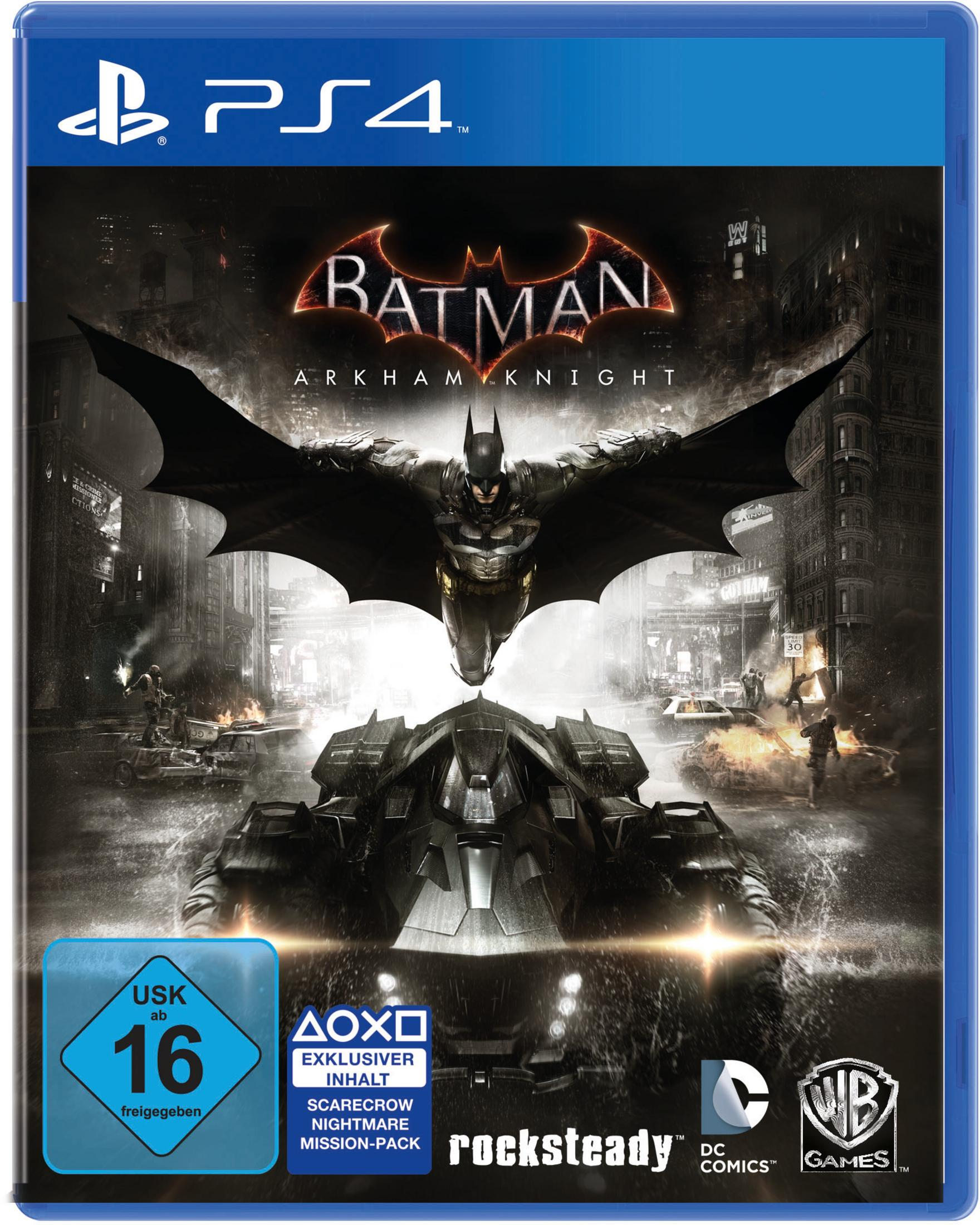 Batman: Arkham Knight PS4-Spielhülle zeigt Batman, das Batmobil und eine Stadtkulisse.