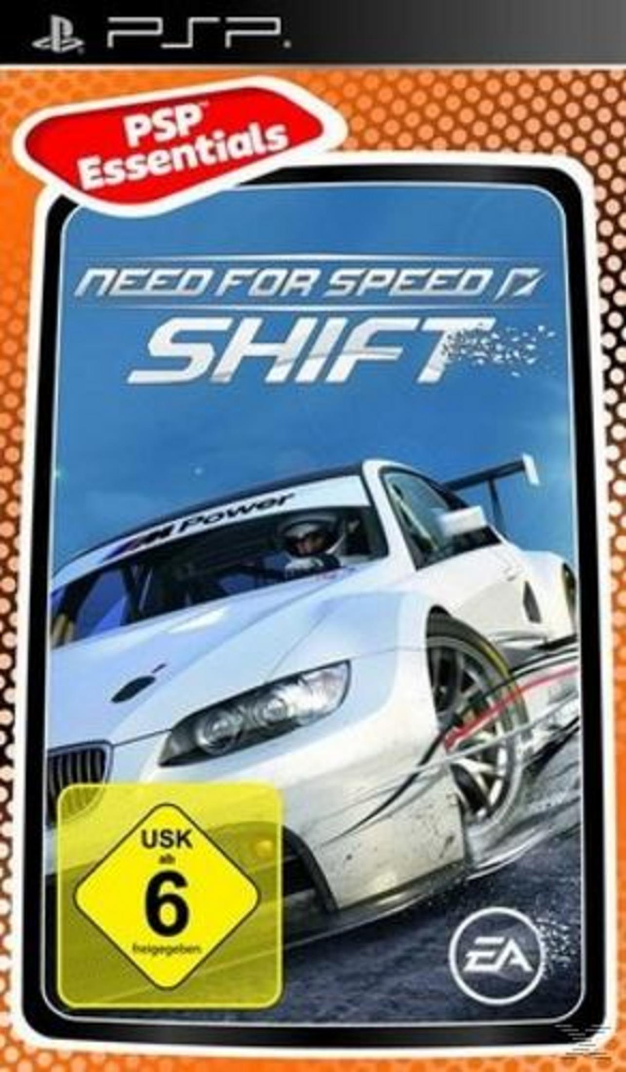 Spielbox-Art für Need for Speed Shift. Weißes Auto, blauer Himmel, USK 6-Bewertung.