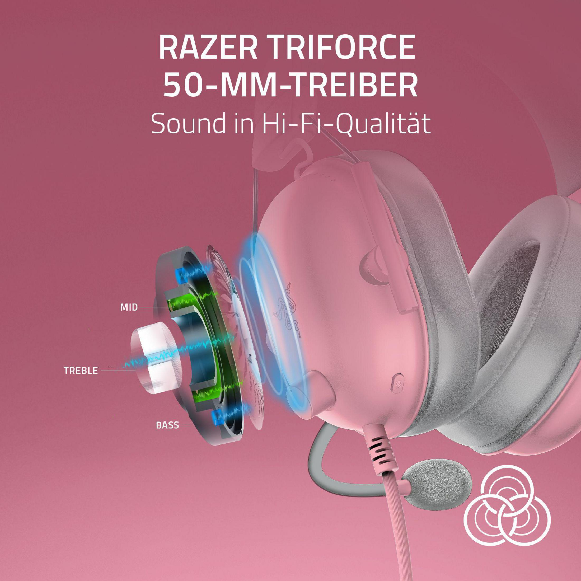 Casque Razer rose, vue éclatée montrant les composants du haut-parleur. Étiquettes de texte 'MID', 'TREBLE', 'BASS'.