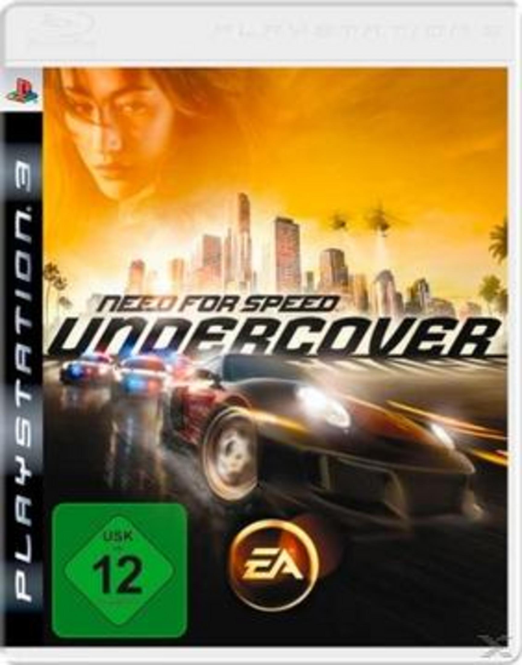 Spielbox-Art mit Autos, die Rennen fahren, Stadtlandschaft im Hintergrund, EA-Logo, USK 12.