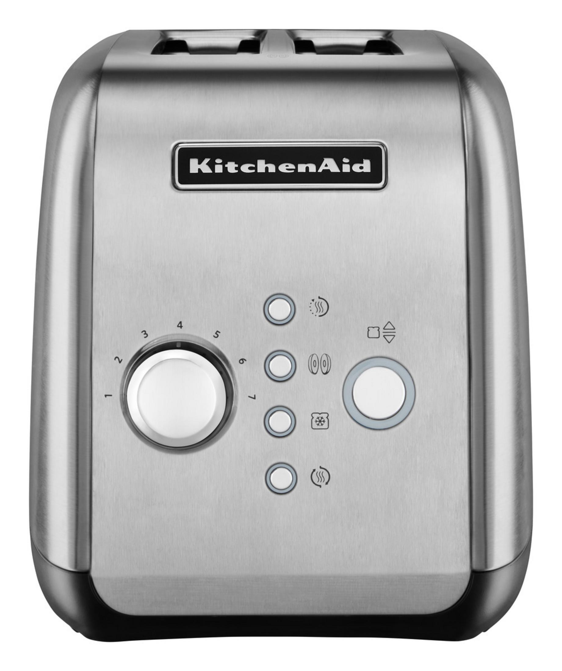 Nahaufnahme eines silbernen KitchenAid Toasters mit verschiedenen Knöpfen und Einstellungen auf einer gebürsteten Metalloberfläche.