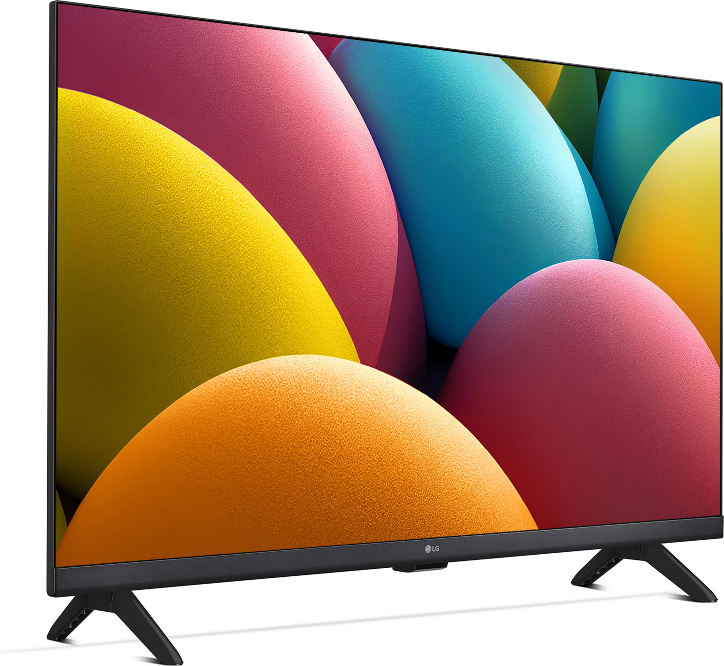 Ein LG Smart TV, der farbenfrohe abstrakte Formen auf dem Bildschirm mit einem schwarzen Rahmen und Ständer anzeigt.