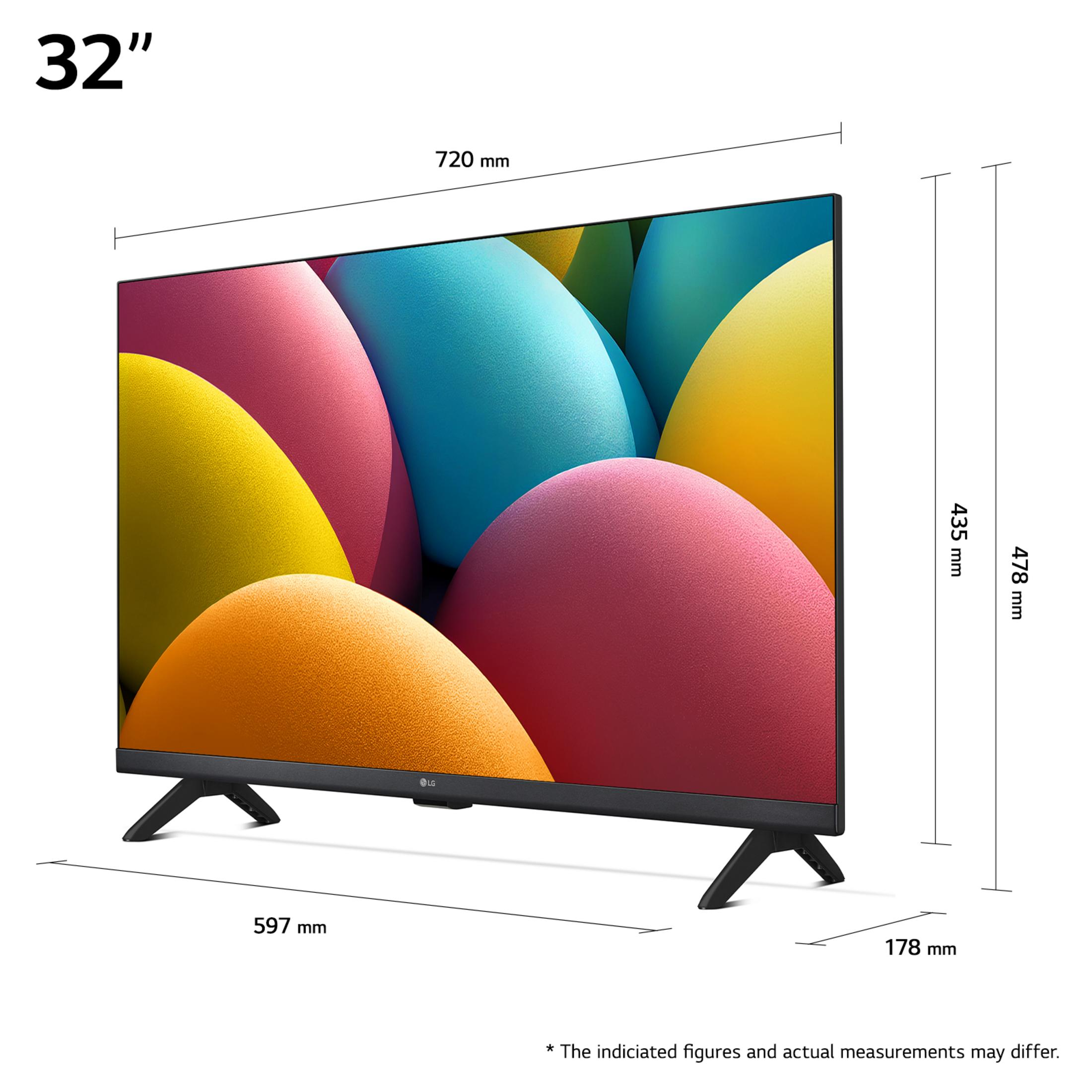 Ein LG 32" Smart TV mit beschrifteten Abmessungen, der farbenfrohe abstrakte Formen auf dem Bildschirm zeigt.