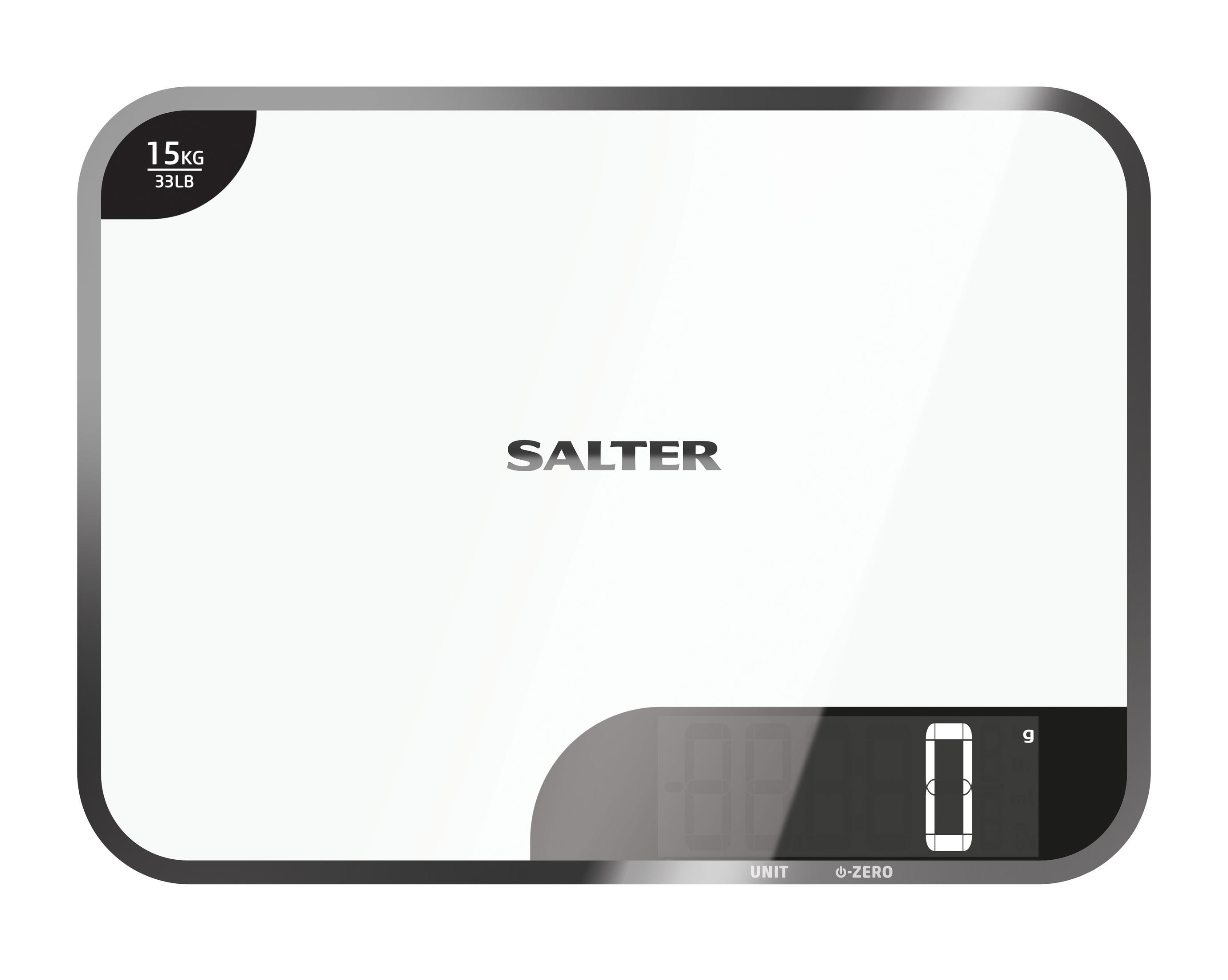 Digitale Küchenwaage von Salter mit weißer Oberfläche, schwarzer Umrandung und digitaler Anzeige, die „0 g“ anzeigt.