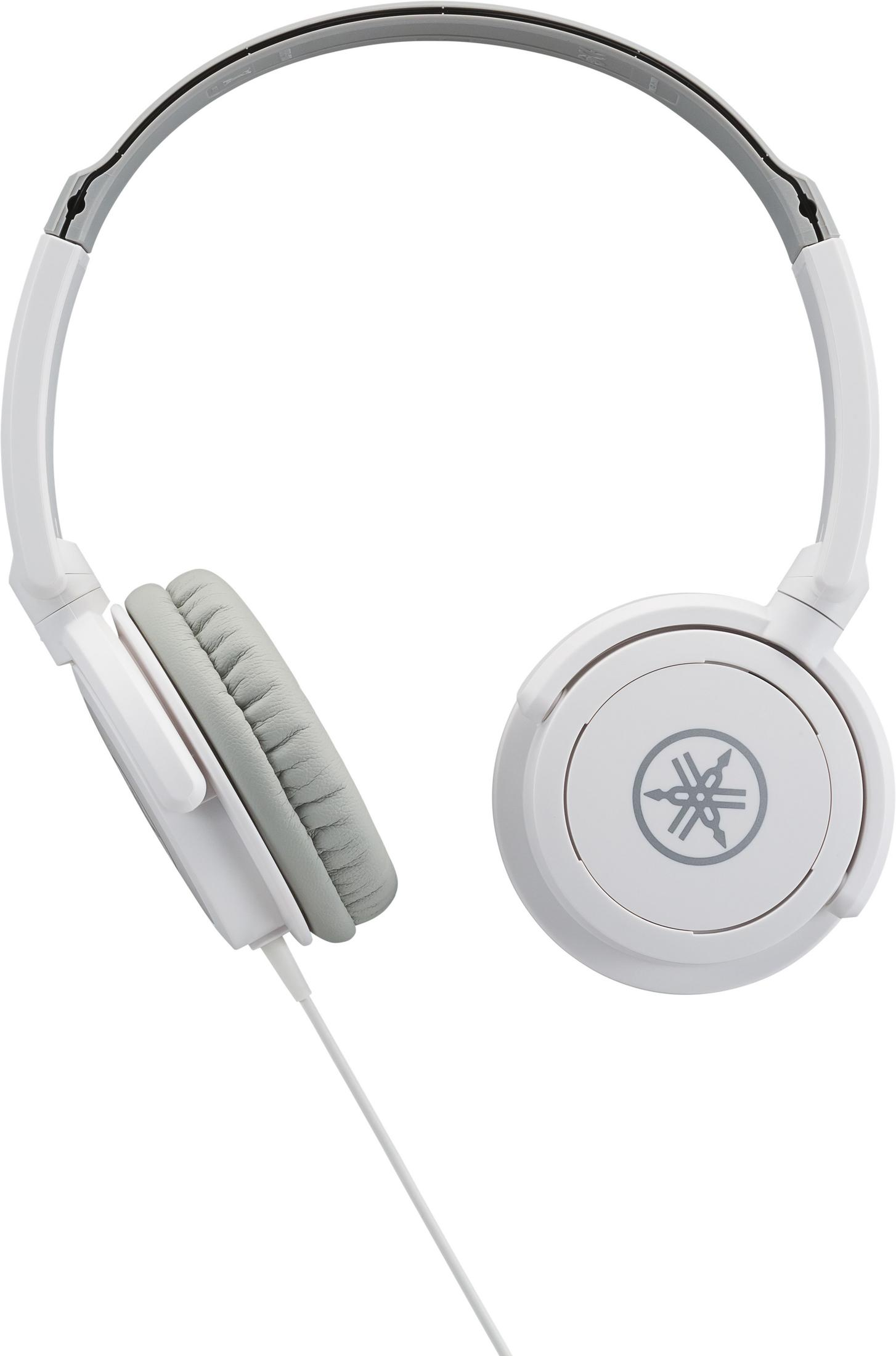 Casque blanc avec coussinets et arceau gris. Logo Yamaha. Fond blanc.