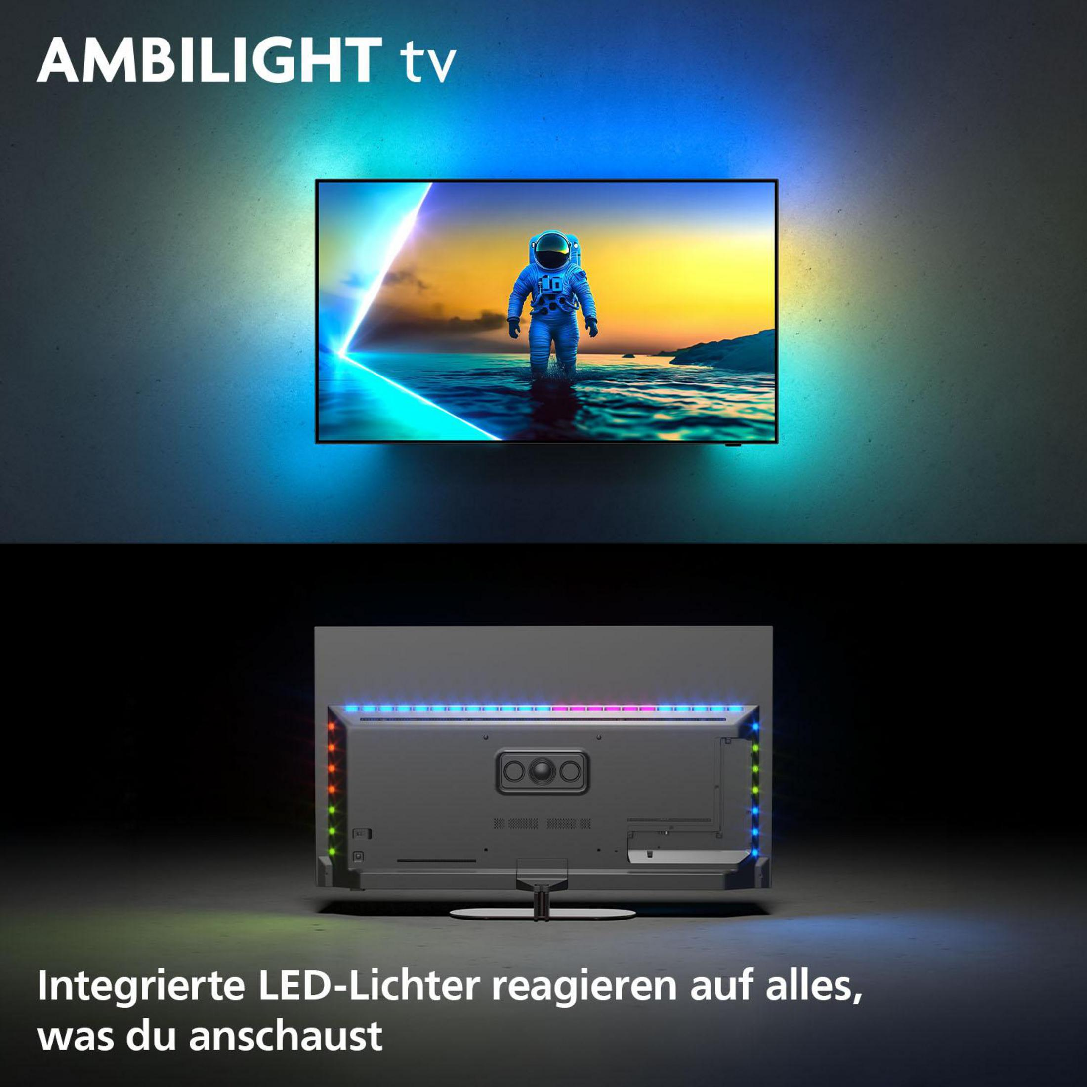 Telewizor Philips Ambilight pokazuje astronautę na plaży. Zintegrowane diody LED reagują na zawartość ekranu.