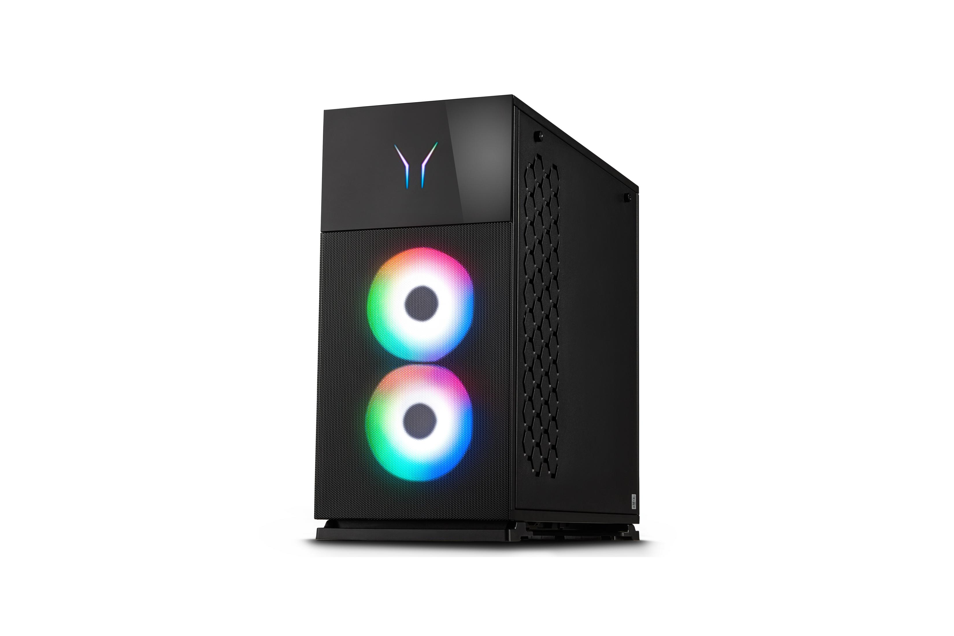 Carcasa de computadora negra con luces RGB en la parte delantera. Presenta un diseño elegante.