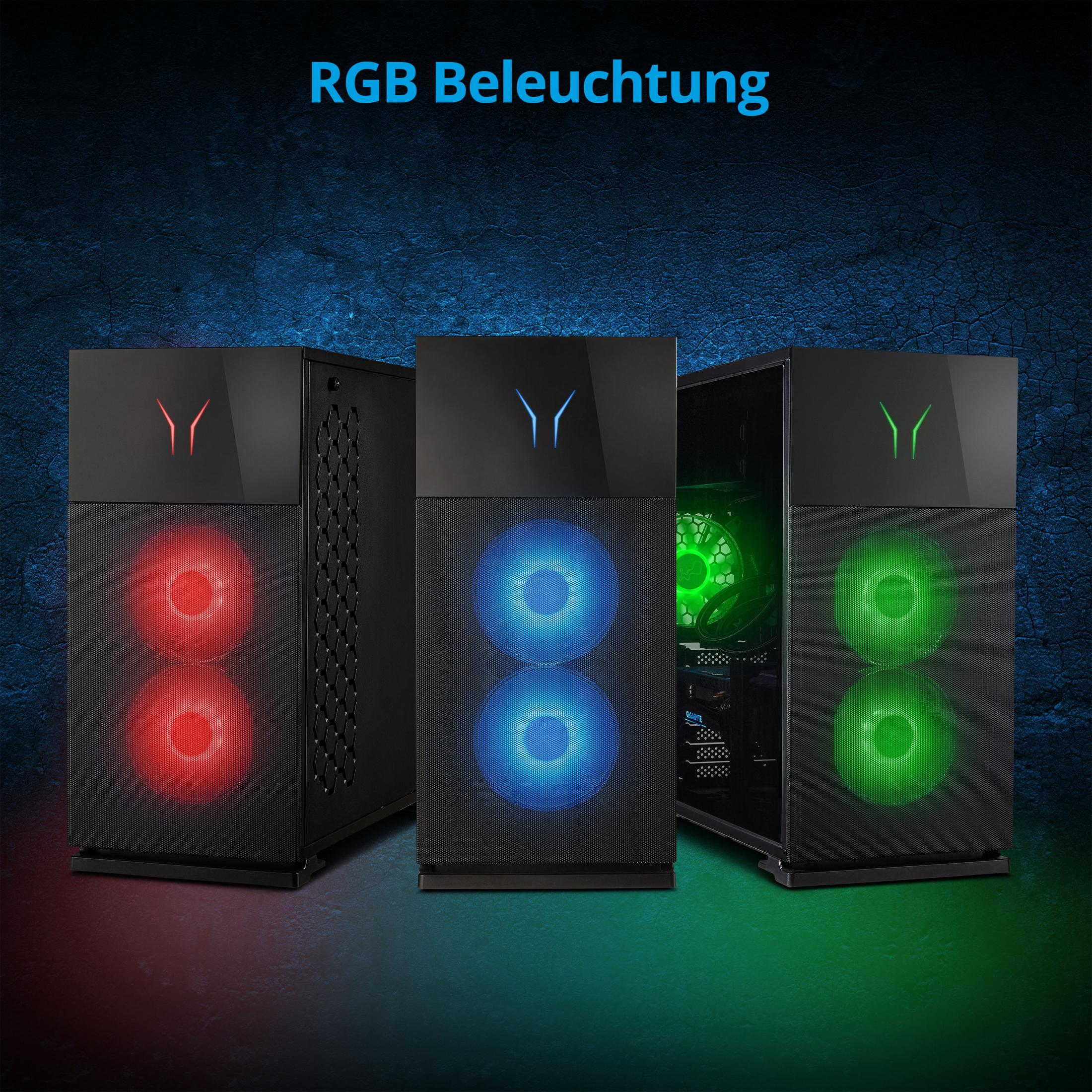 Tres carcasas de computadora, cada una con luces RGB en diferentes colores: rojo, azul y verde.