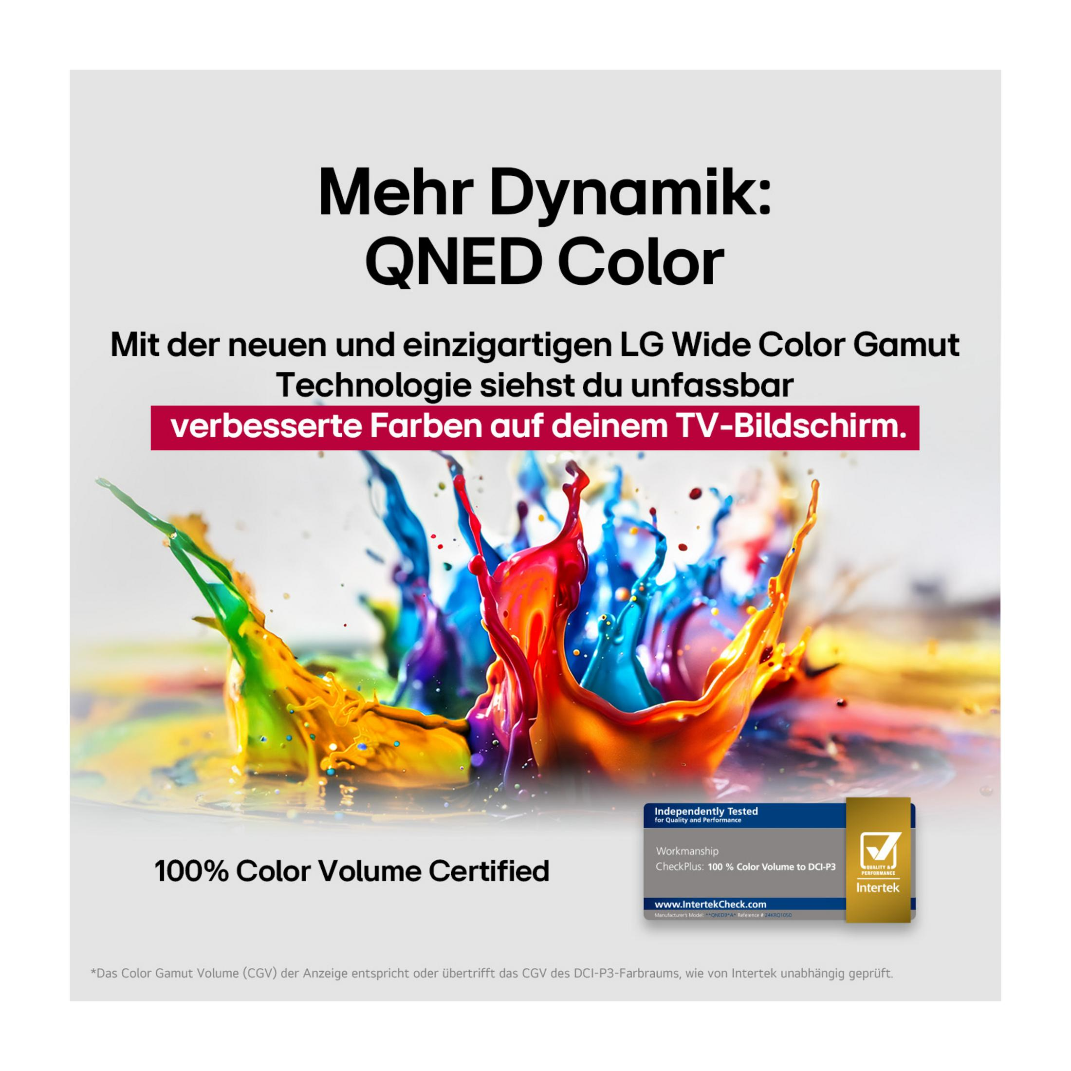 Zdjęcie promocyjne podkreśla technologię QNED Color firmy LG, z dynamicznymi rozpryskami farb ilustrującymi żywe kolory.