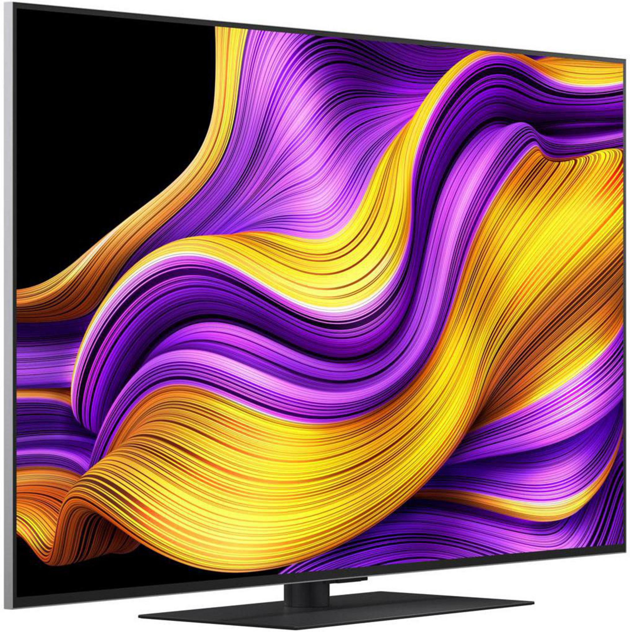 TV OLED LG affichant de l'art abstrait avec des couleurs jaune, violet et blanc sur fond noir.