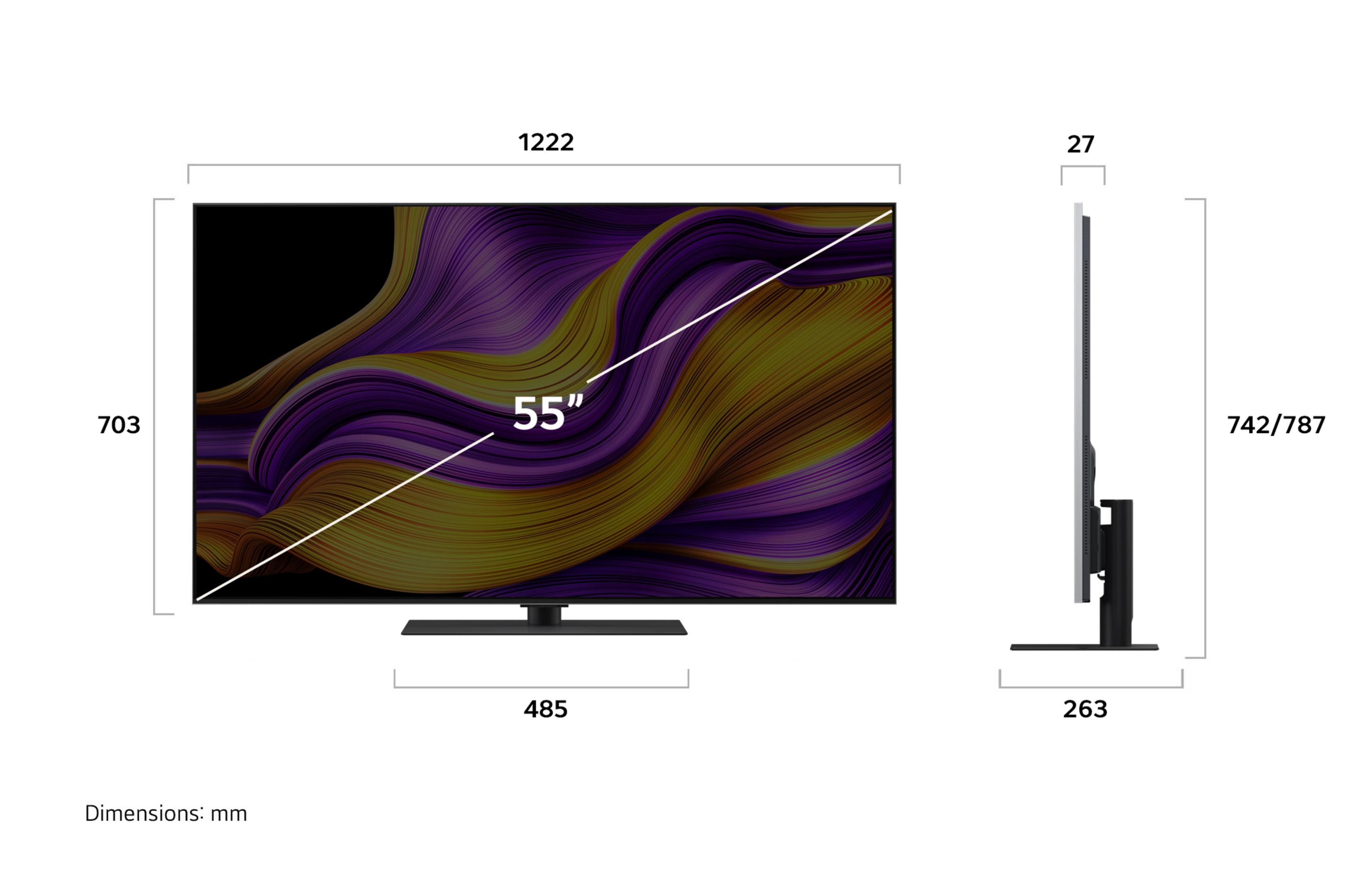 Dimensions du téléviseur : écran de 55 pouces, 1222 mm de largeur, 703 mm de hauteur. Vue latérale montre 27 mm d'épaisseur, 742/787 mm de hauteur.