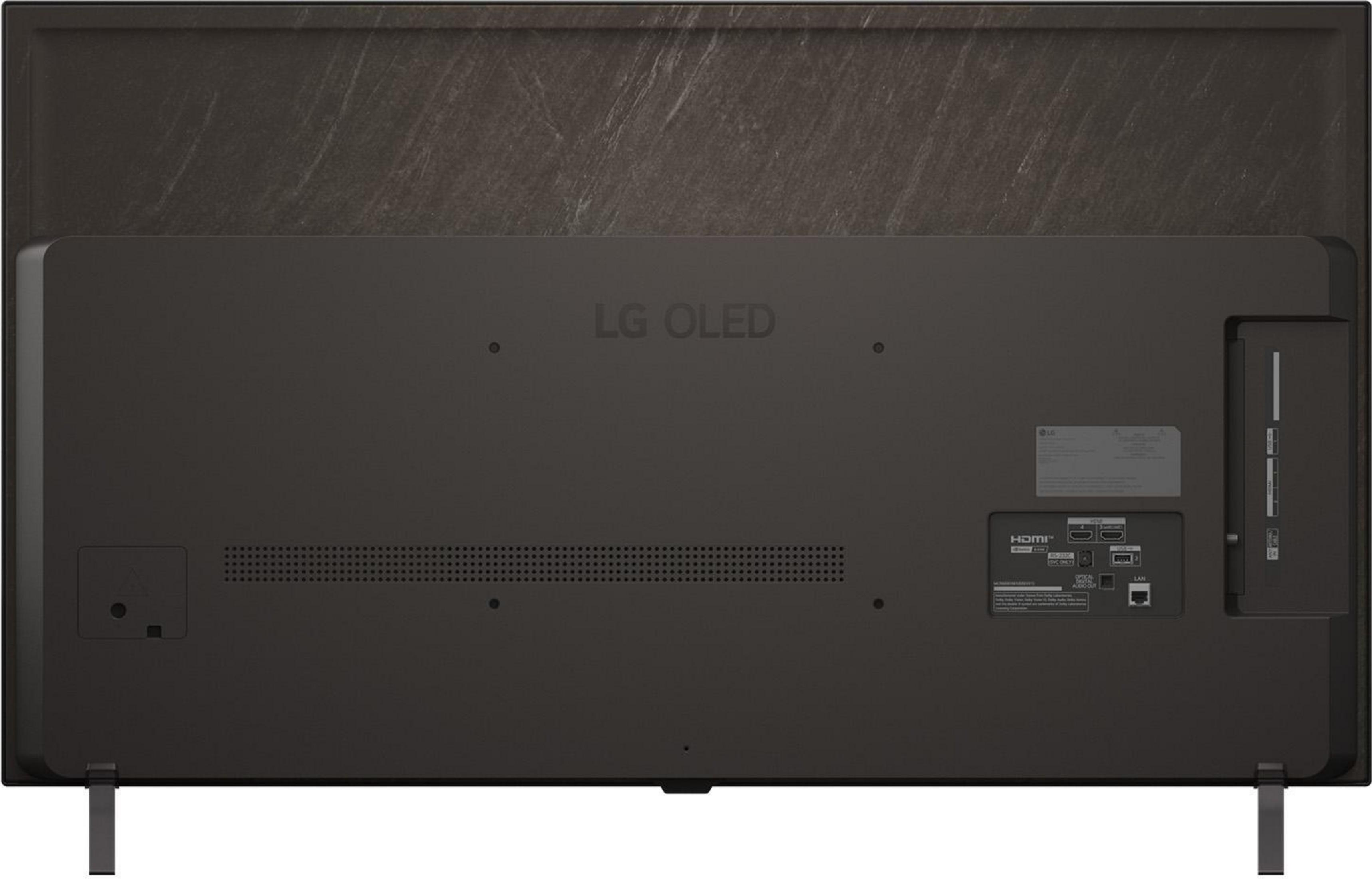 L'arrière d'un téléviseur LG OLED gris foncé, montrant les ports, les connexions et le logo LG OLED.