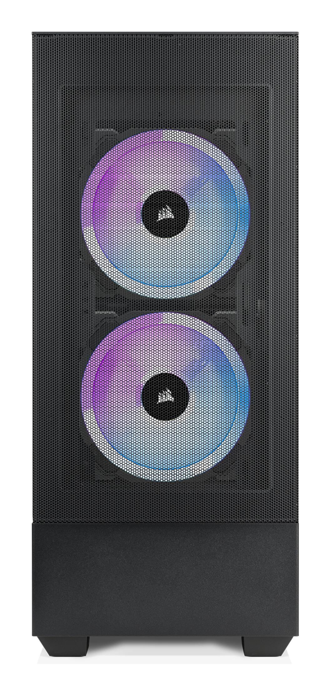 Vorderansicht eines schwarzen Gaming-Computer-Towers mit RGB-Lüftern.