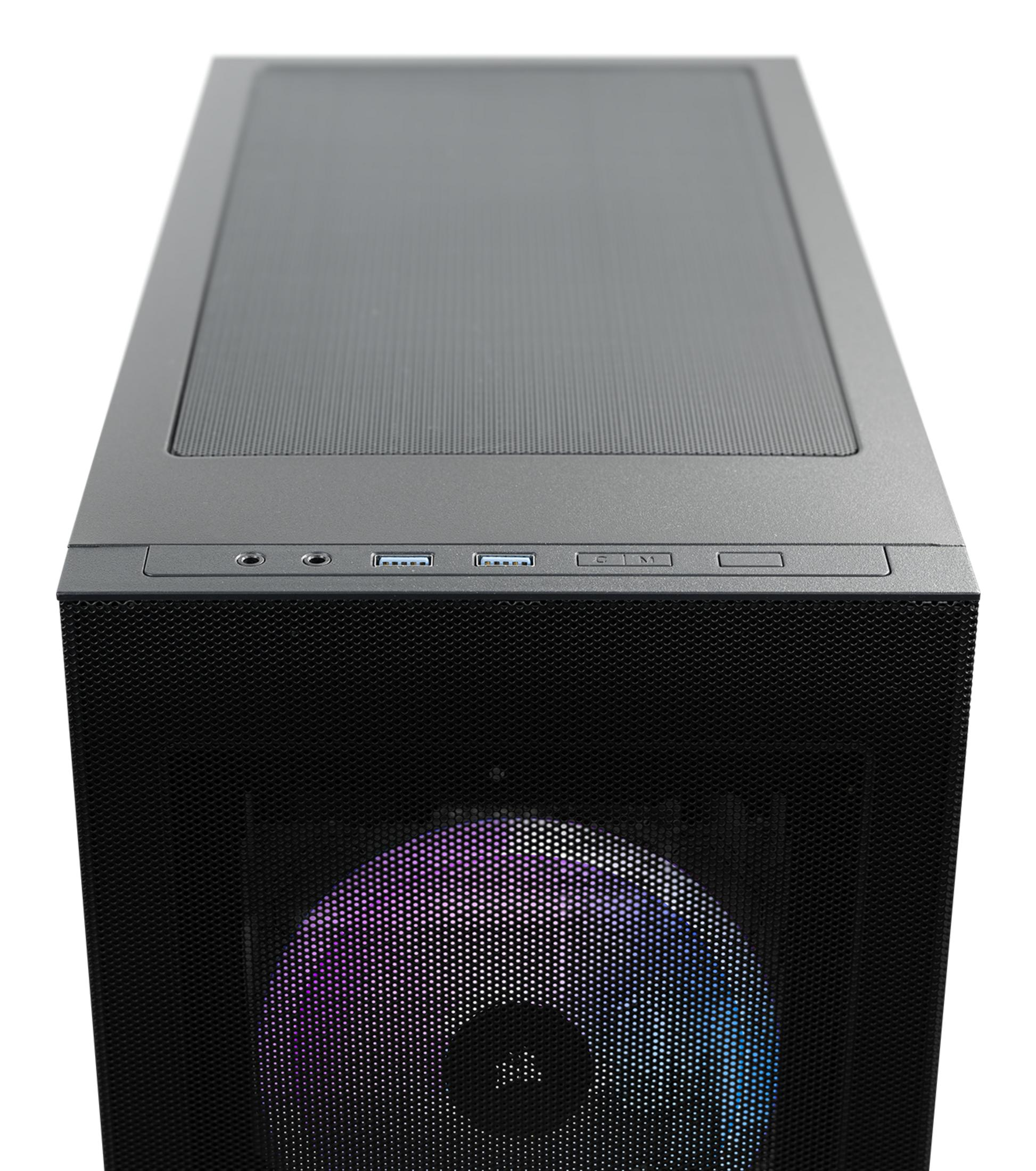 Ein schwarzer Computertower mit einer Mesh-Frontplatte und sichtbarem RGB-Lüfter, USB-Anschlüsse oben.