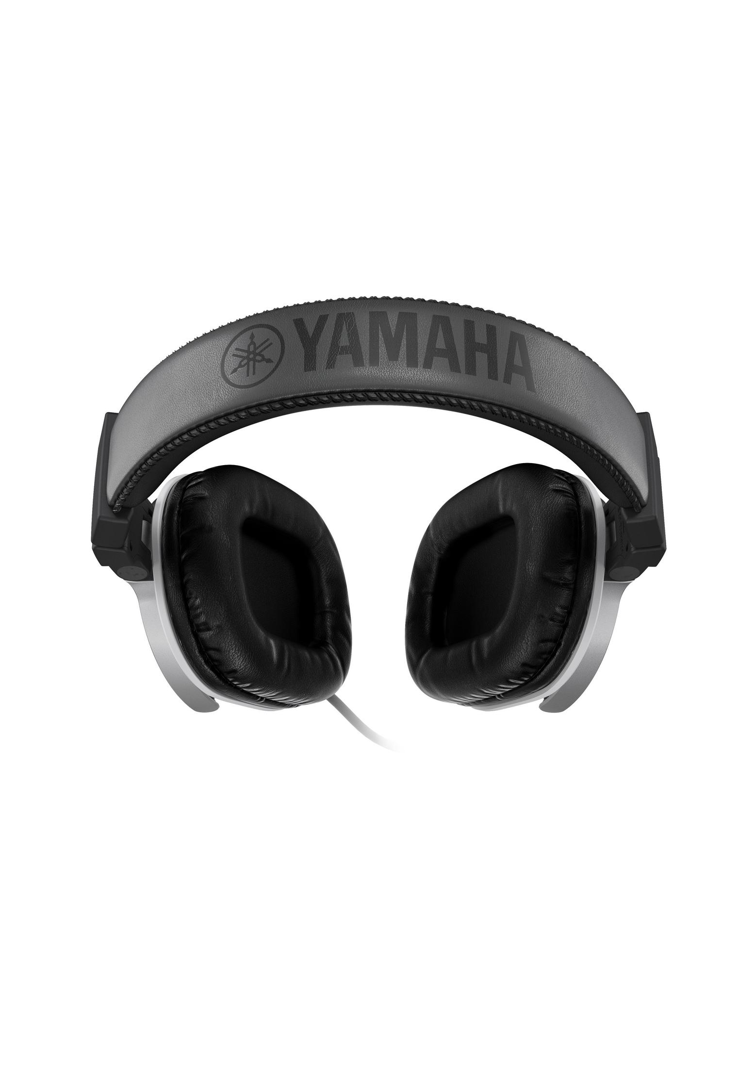 Yamaha Kopfhörer mit schwarzen Ohrmuscheln und grauem Kopfband, die auf einem weißen Hintergrund nach vorne zeigen.