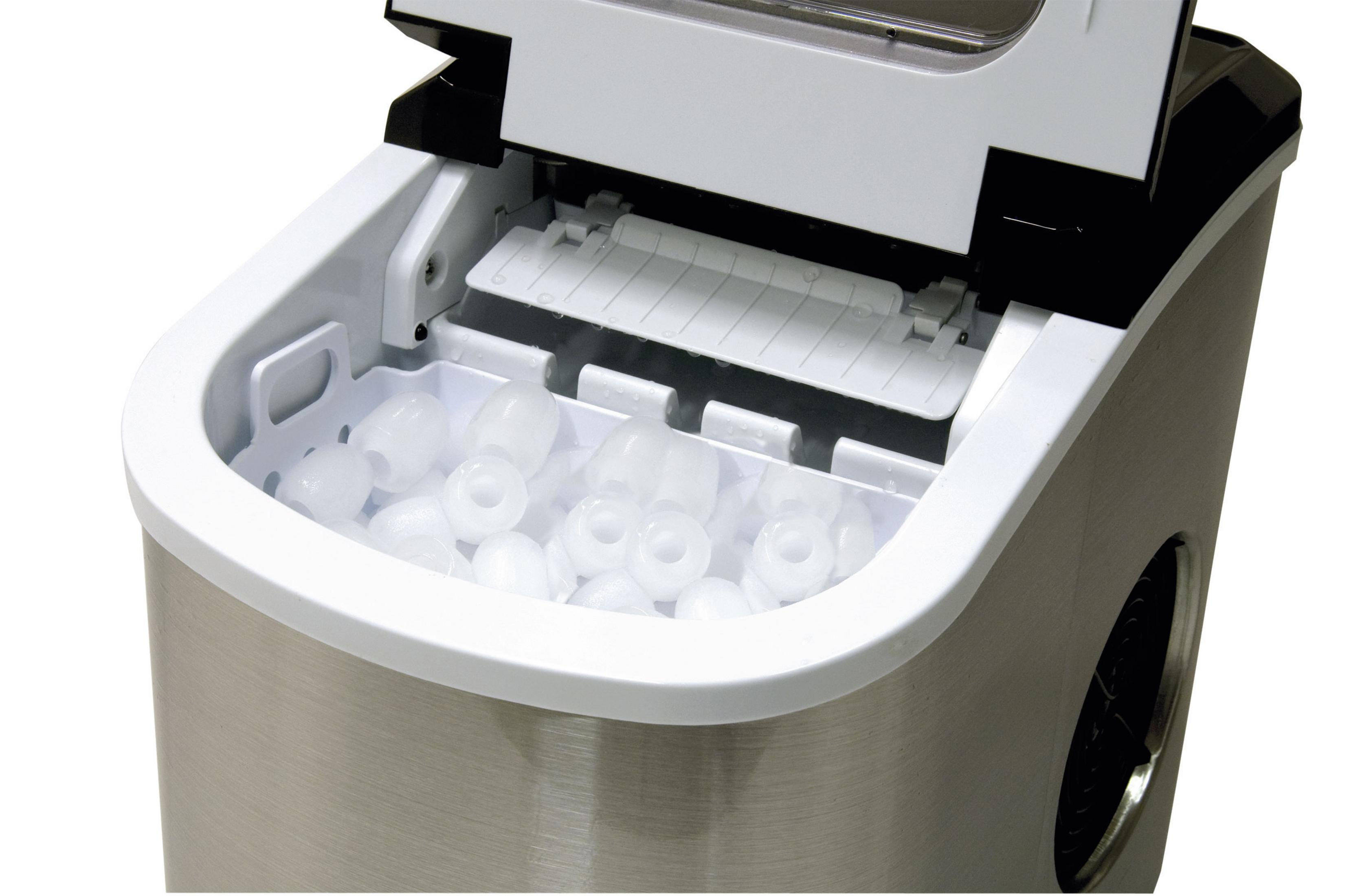 Le couvercle ouvert d'une machine à glaçons Caso révélant des glaçons à l'intérieur, sur un fond blanc.