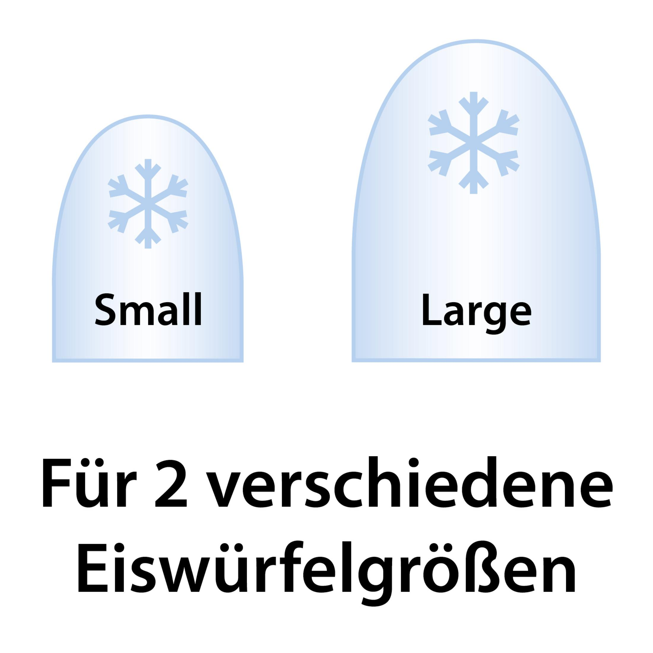 Deux formes de glaçons, étiquetées petit et grand, avec un texte en allemand sur les tailles des glaçons.