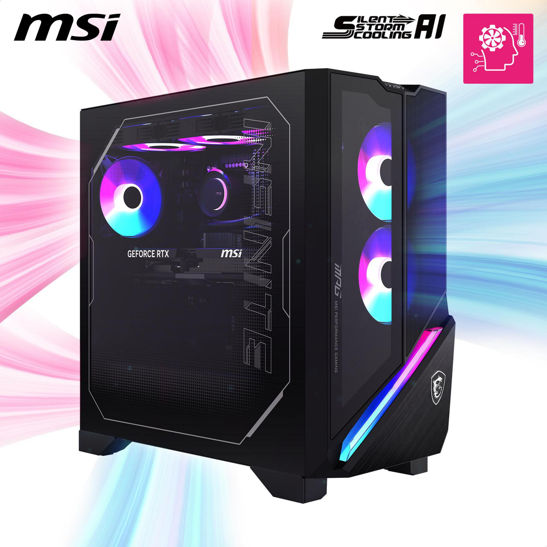 Schwarzer MSI Gaming-PC mit transparenter Seitenwand, die farbenfrohe Lüfter und interne Komponenten zeigt.
