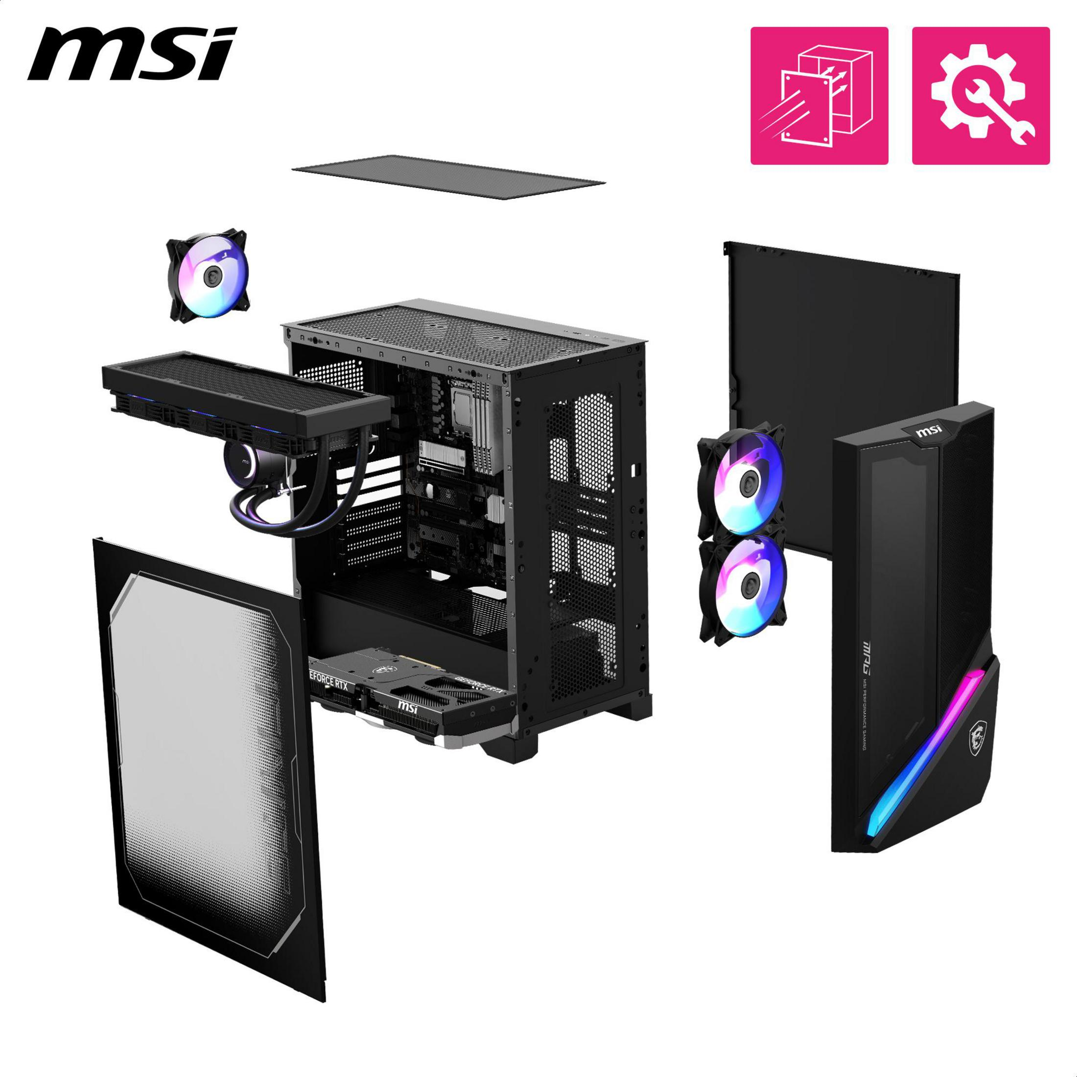 Explosionsansicht eines schwarzen MSI Gaming-PCs, die die internen Komponenten und farbenfrohen Lüfter zeigt.
