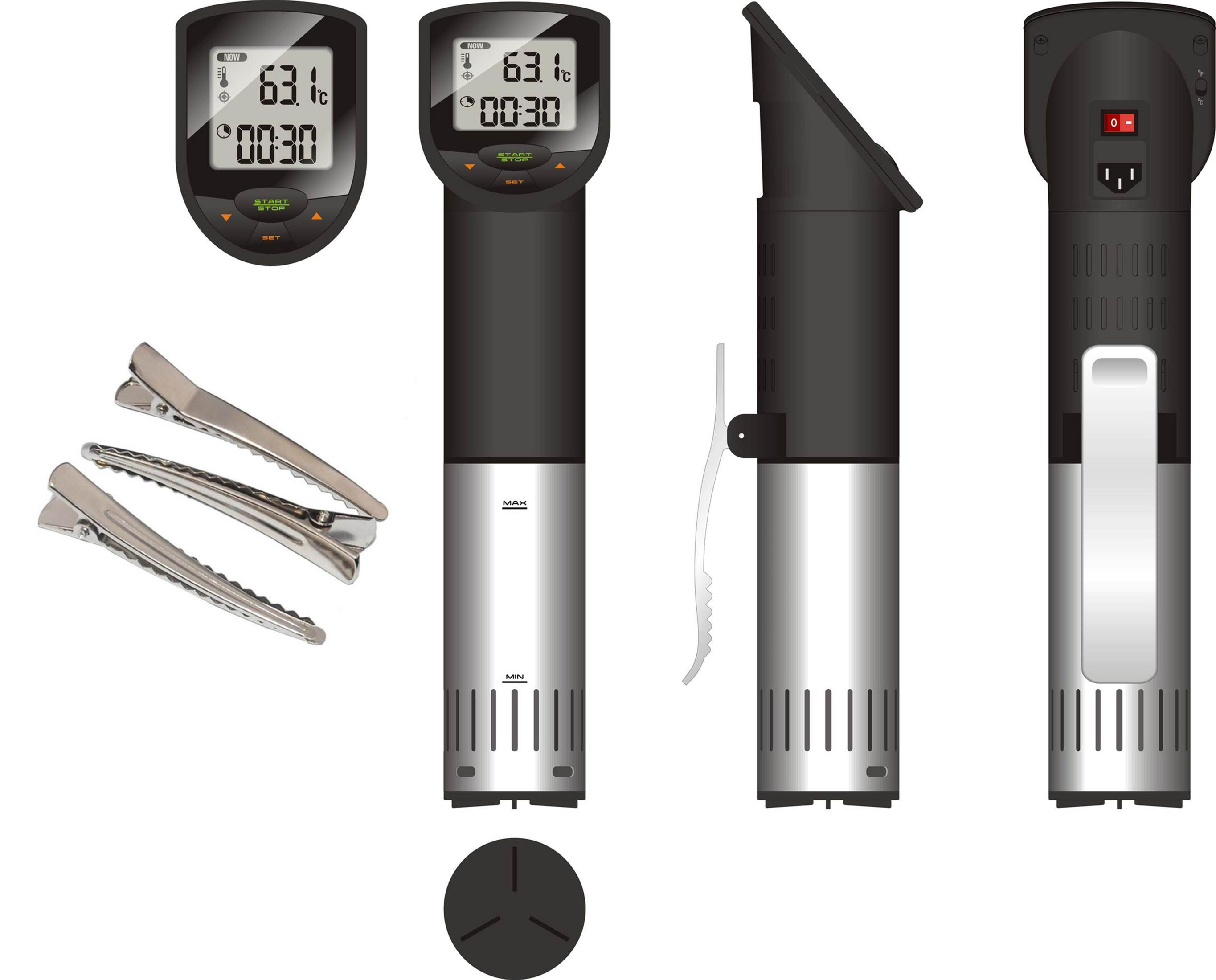 Molteplici viste di un cuocitore sous vide, clip e una base su uno sfondo bianco, che mostrano diverse angolazioni.
