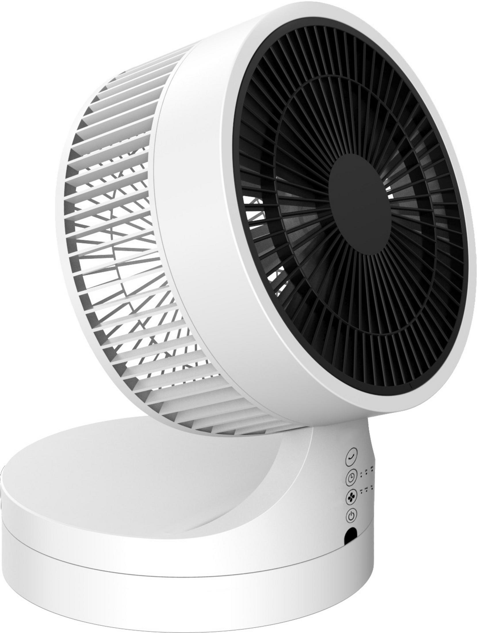 Un ventilateur personnel blanc et noir avec une tête circulaire et une base ronde.
