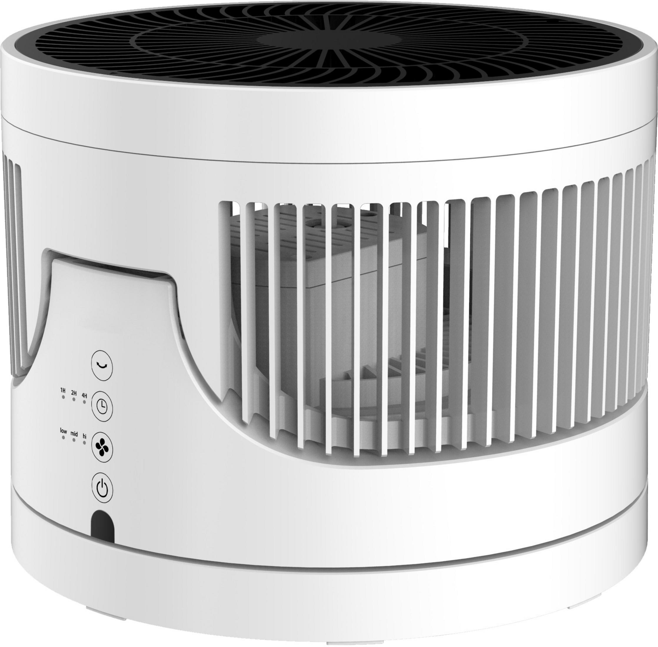Un ventilateur personnel blanc et noir avec une tête circulaire et une base ronde.