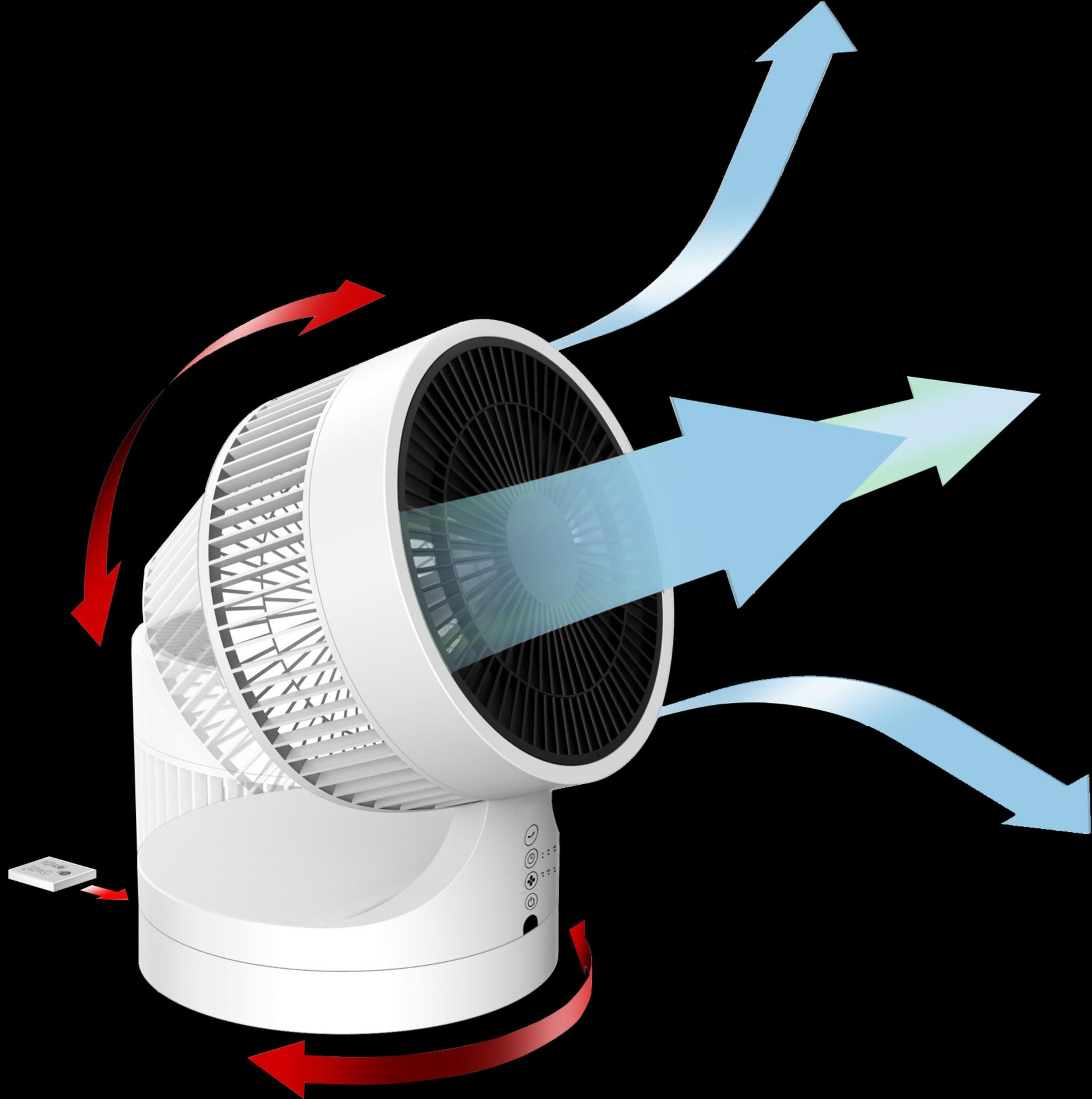 Un ventilateur personnel blanc et noir avec des flèches indiquant la circulation de l'air.