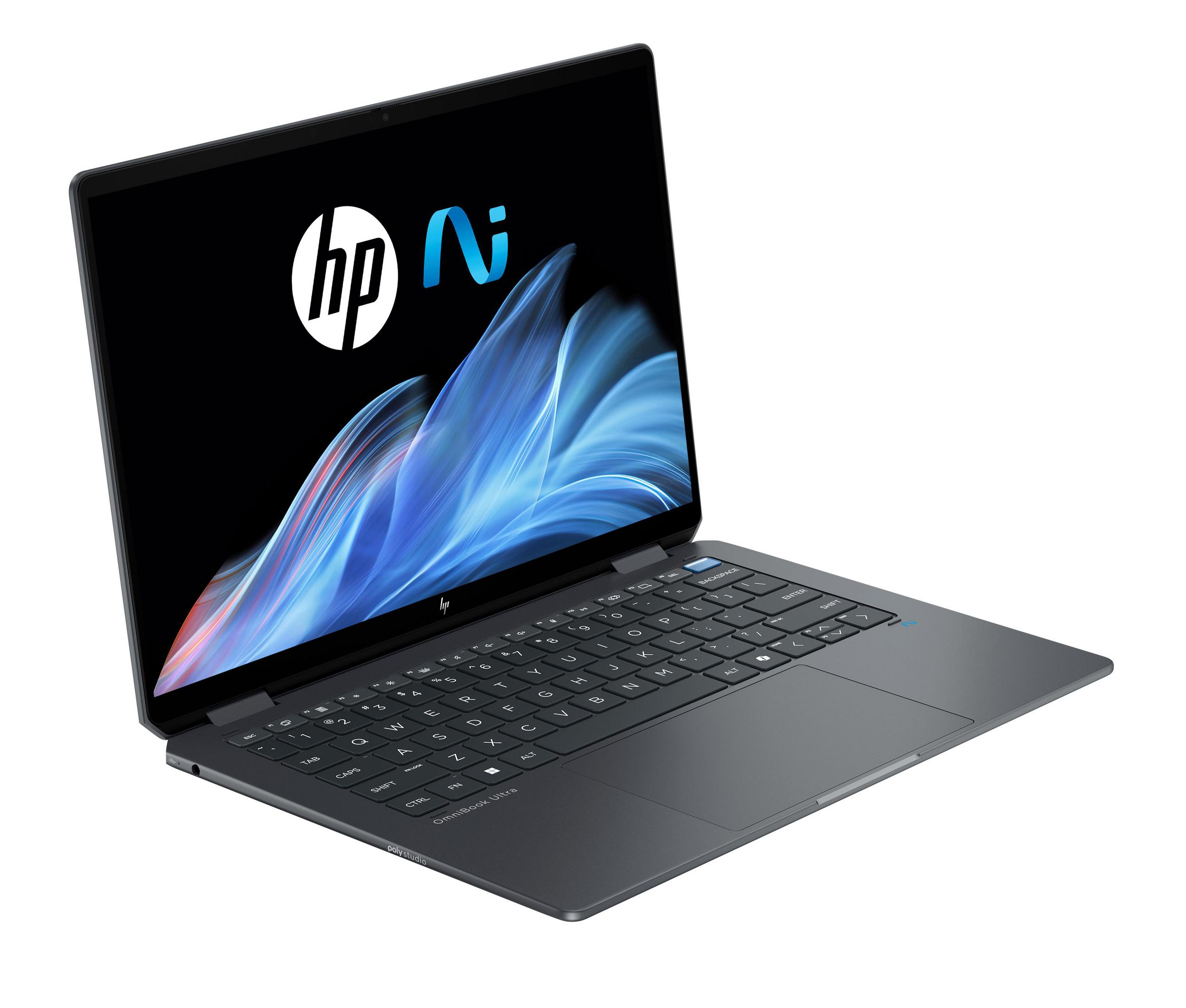 Offener HP Laptop auf weißem Hintergrund, Bildschirm zeigt ein blau-weißes Design.