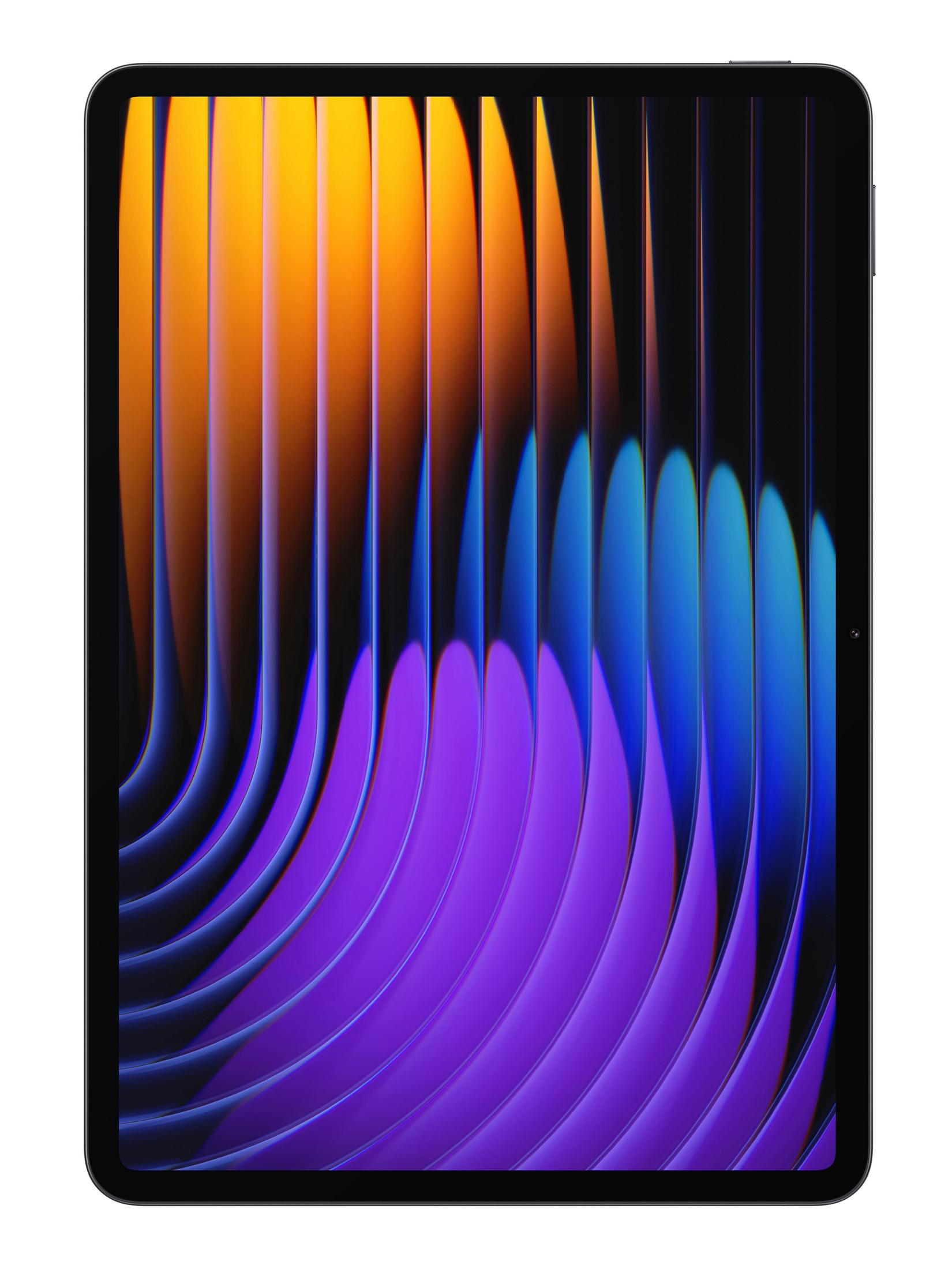 Tablet mit farbenfrohem abstraktem Design mit lila, blauen und orangen Farbtönen auf dunklem Hintergrund.